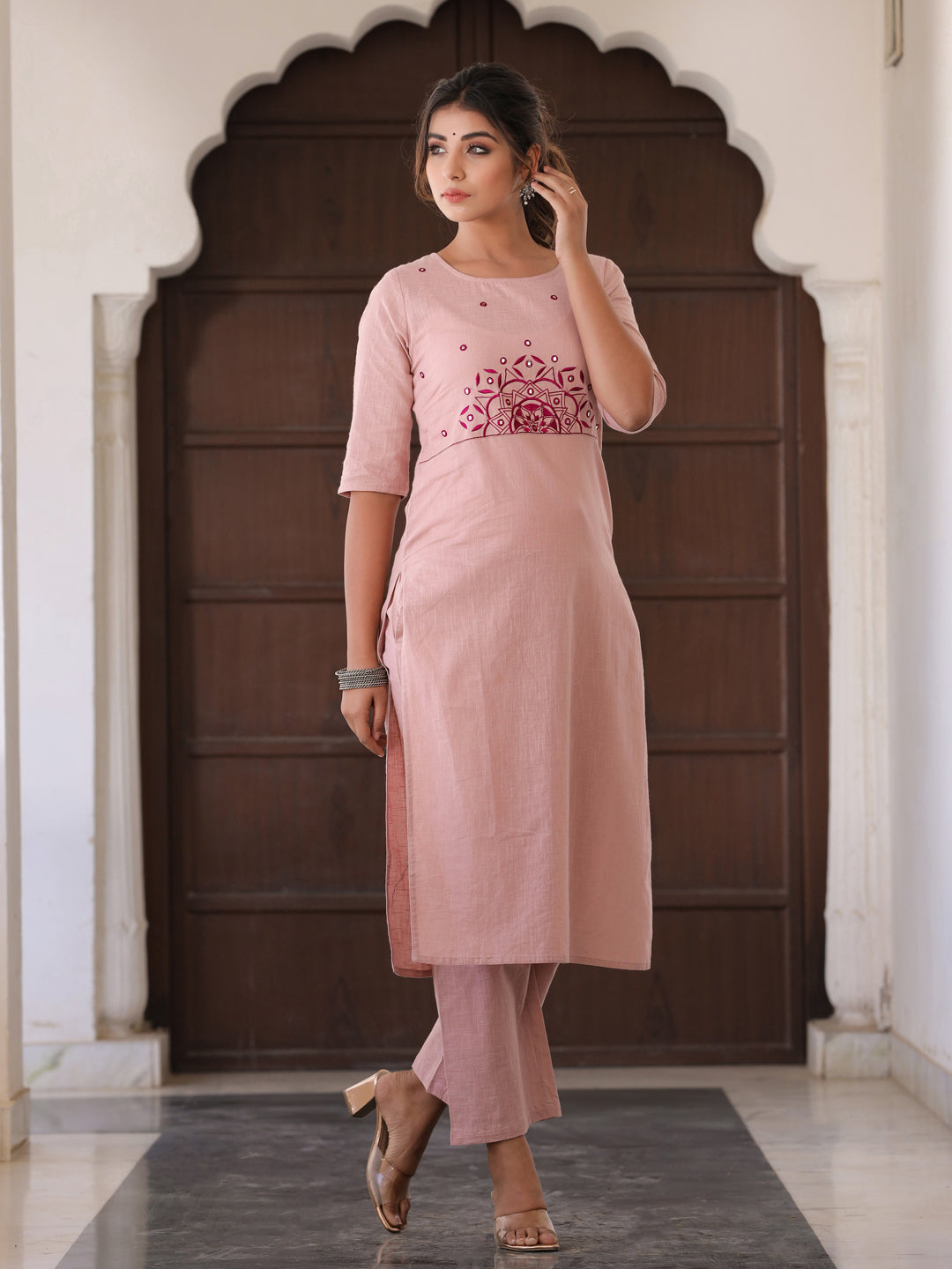 Mauve & Purple Embroidered Straight Kurta With Palazzos