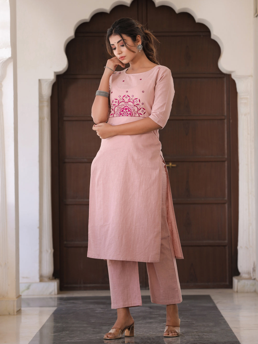 Mauve & Purple Embroidered Straight Kurta With Palazzos