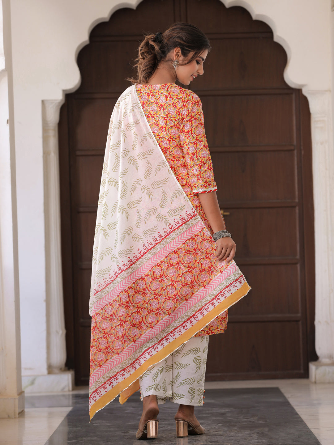 Yellow Ethnic Print Straight Cotton Kurta With Palazzo And Dupatta
