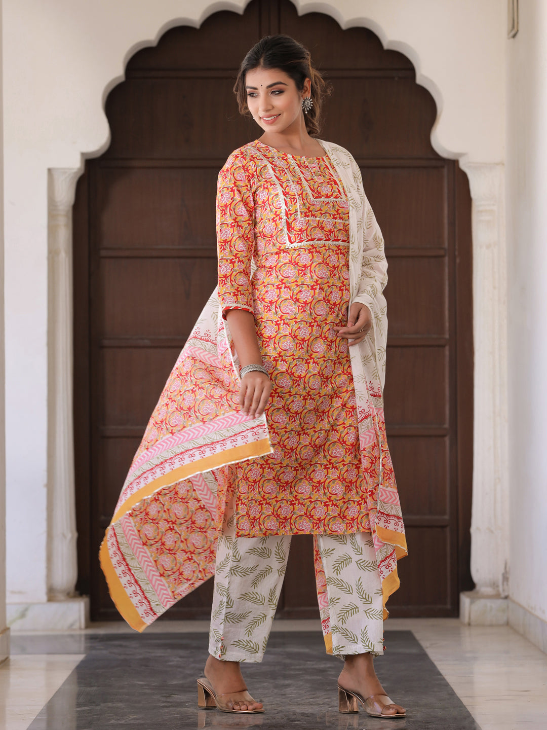 Yellow Ethnic Print Straight Cotton Kurta With Palazzo And Dupatta