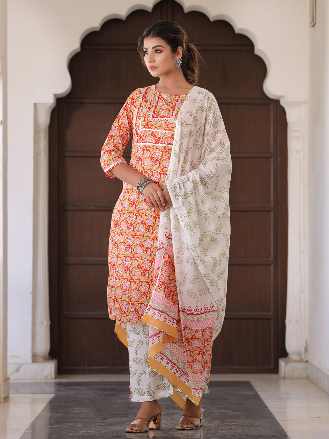 Yellow Ethnic Print Straight Cotton Kurta With Palazzo And Dupatta