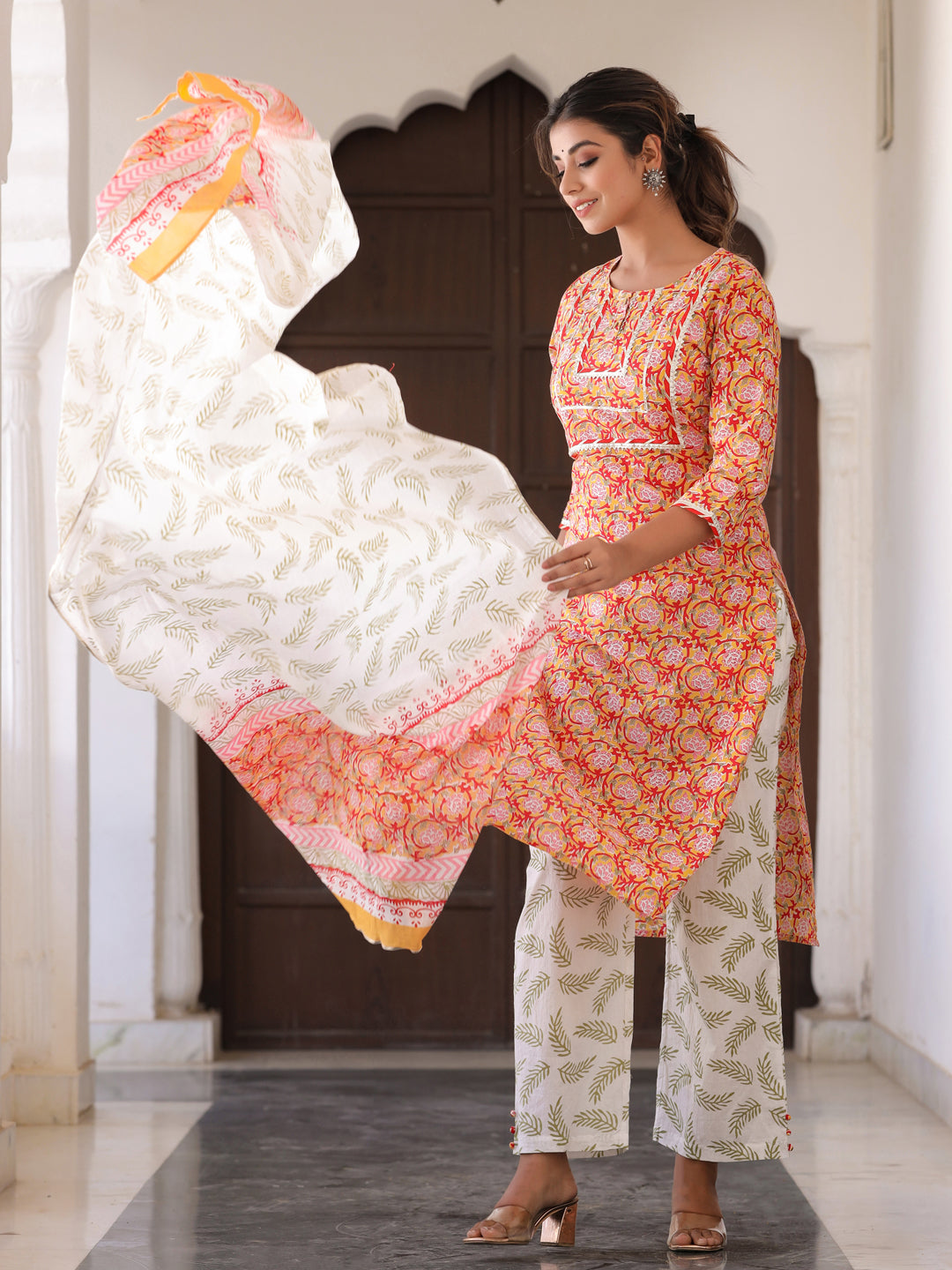 Yellow Ethnic Print Straight Cotton Kurta With Palazzo And Dupatta