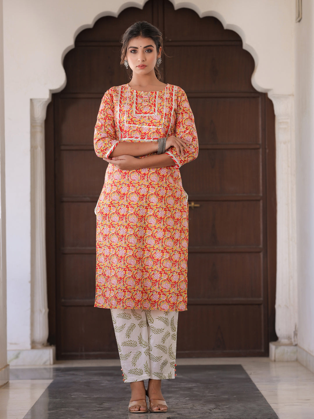 Yellow Ethnic Print Straight Cotton Kurta With Palazzo And Dupatta
