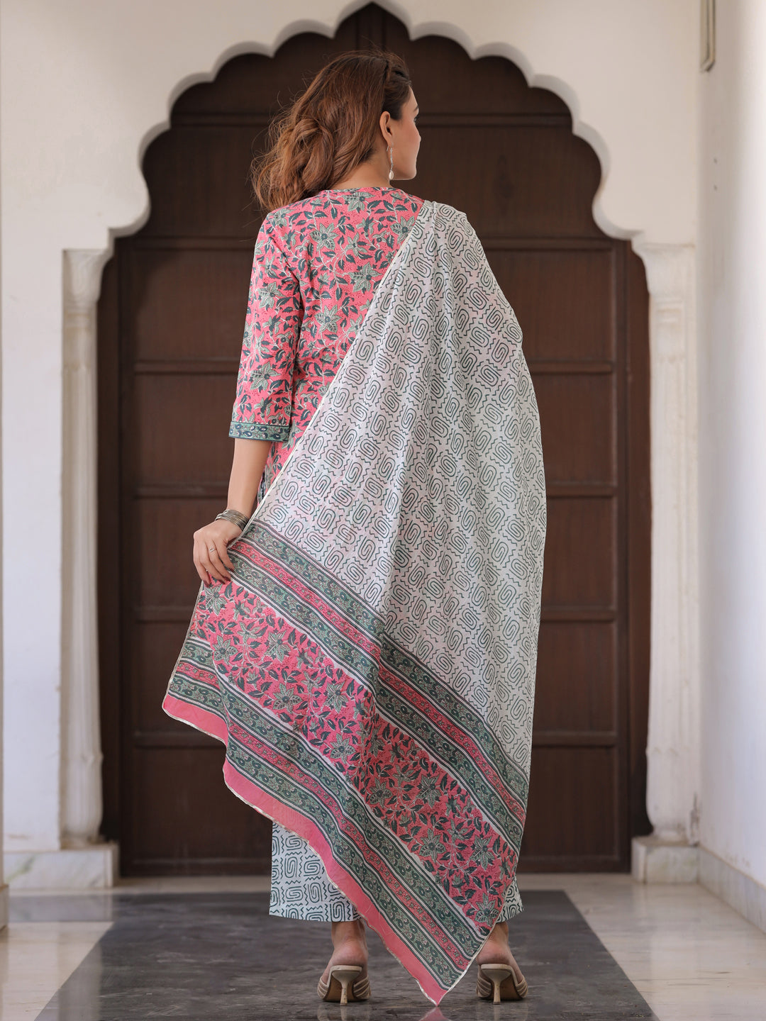 Pink Printed Straight Gota Work Kurta With Palazzos & Dupatta