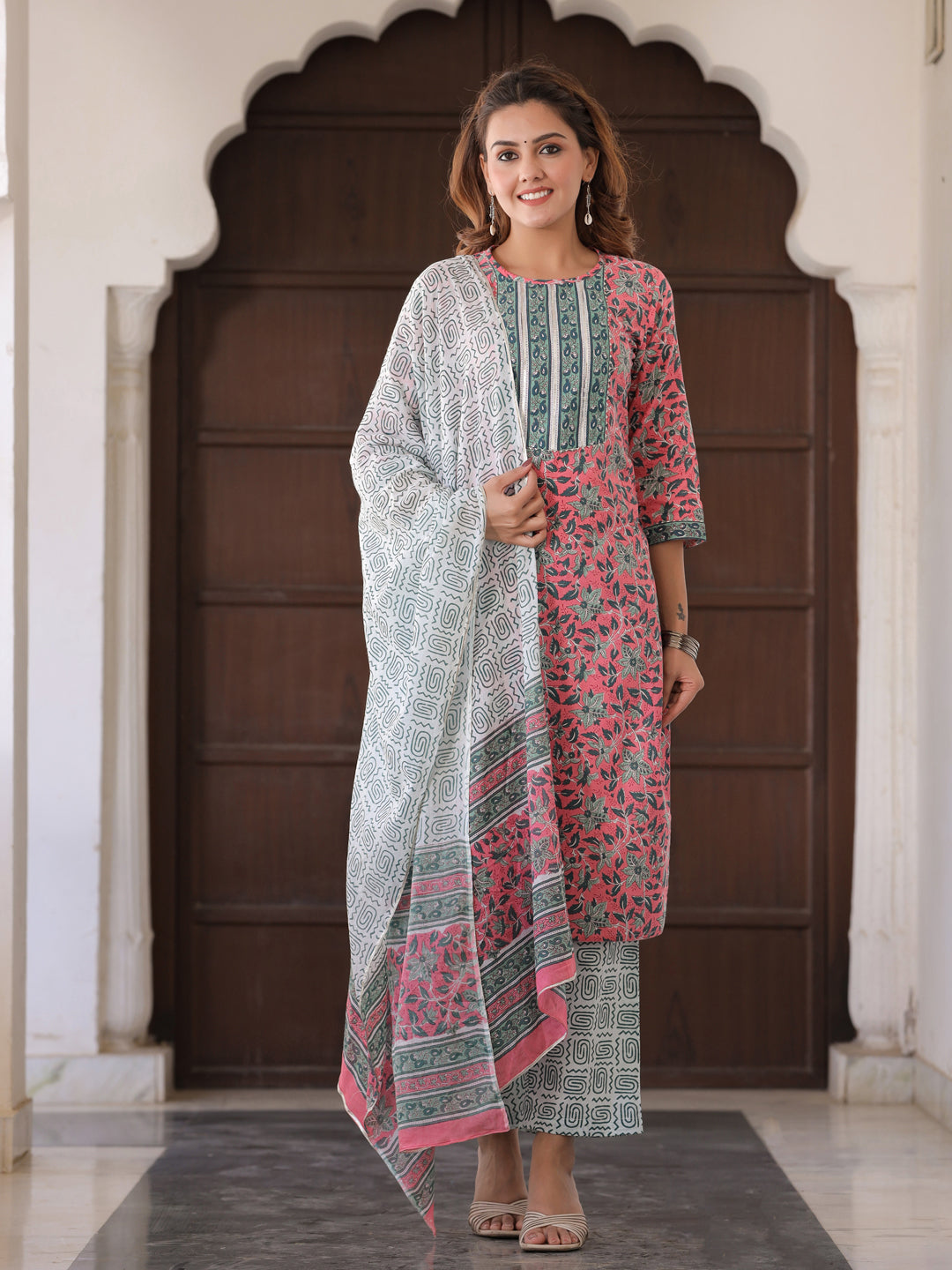 Pink Printed Straight Gota Work Kurta With Palazzos & Dupatta