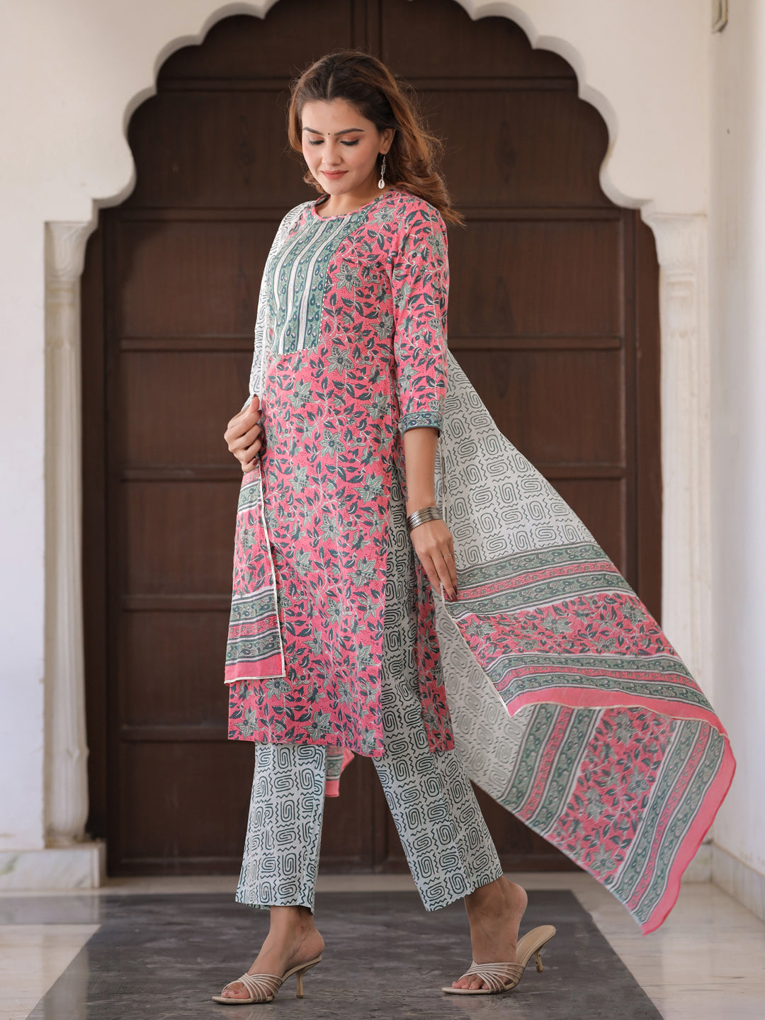 Pink Printed Straight Gota Work Kurta With Palazzos & Dupatta