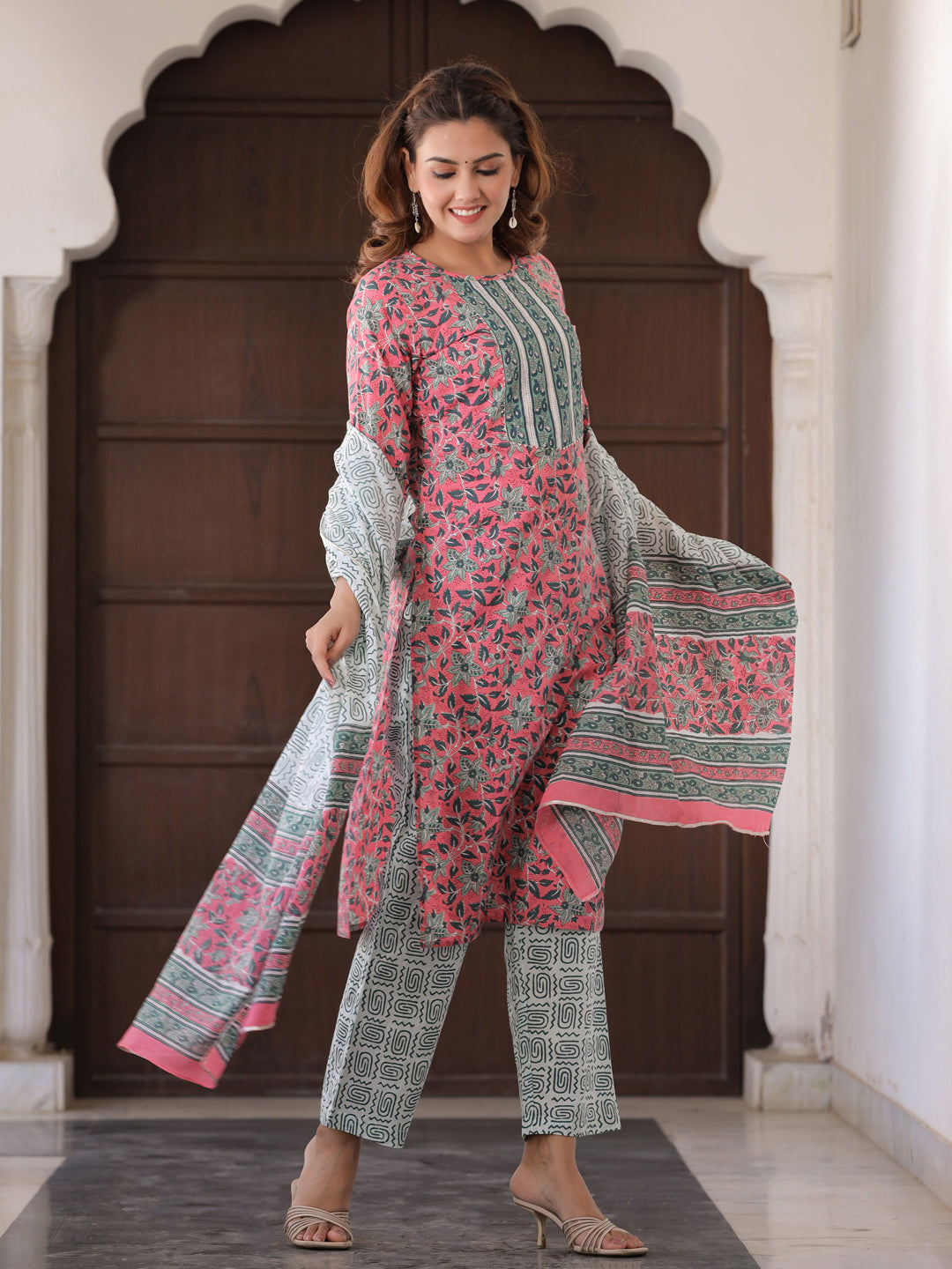 Pink Printed Straight Gota Work Kurta With Palazzos & Dupatta