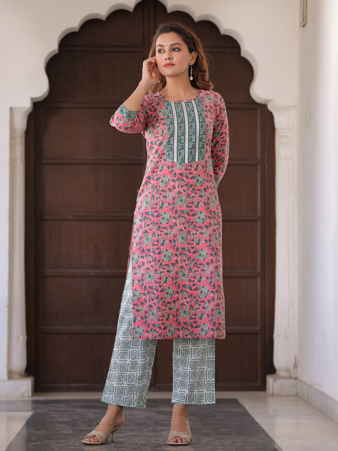 Pink Printed Straight Gota Work Kurta With Palazzos & Dupatta