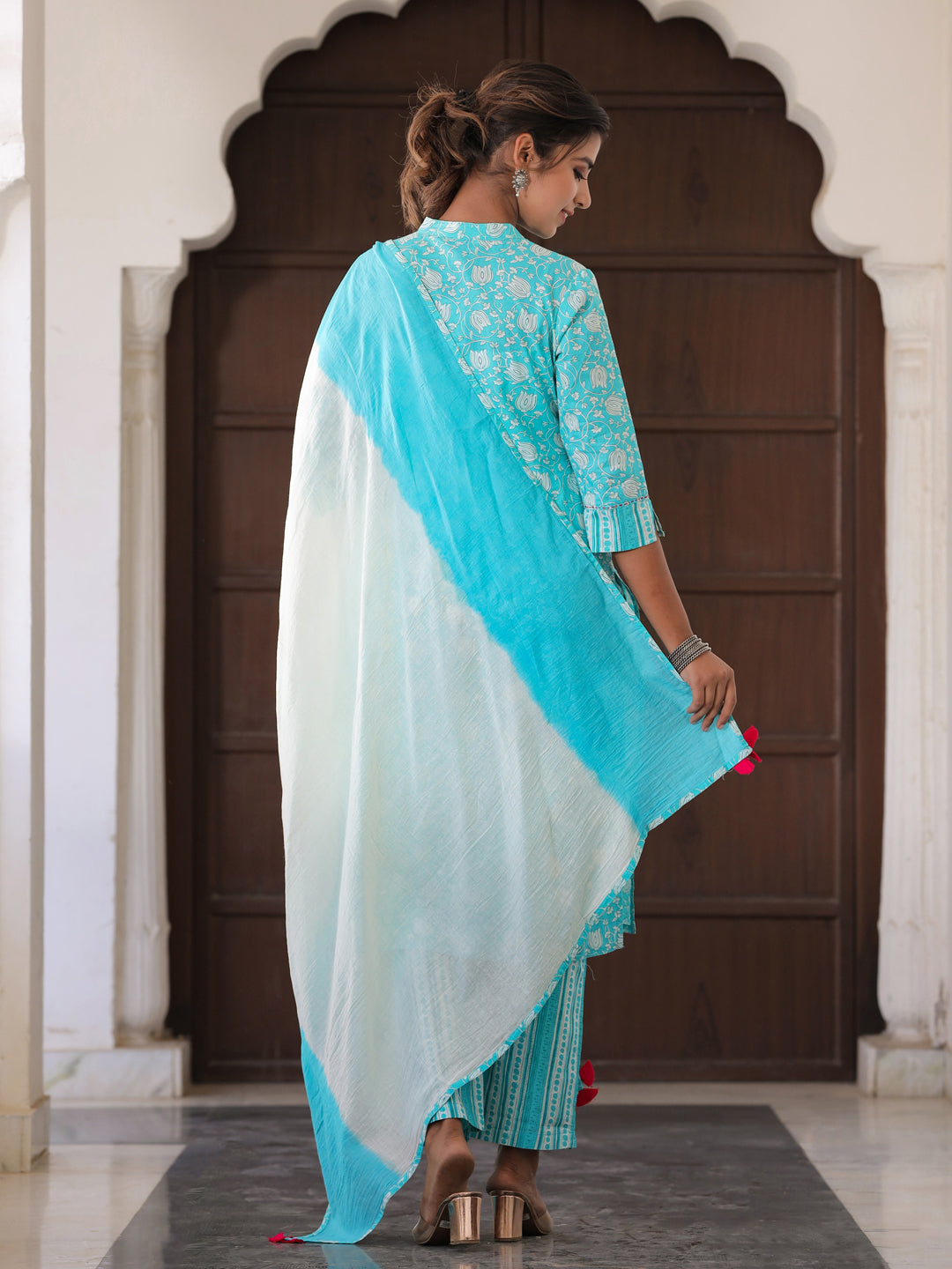 Blue Ethnic Print Straight Cotton Kurta Wiith Palazzo And Dupatta