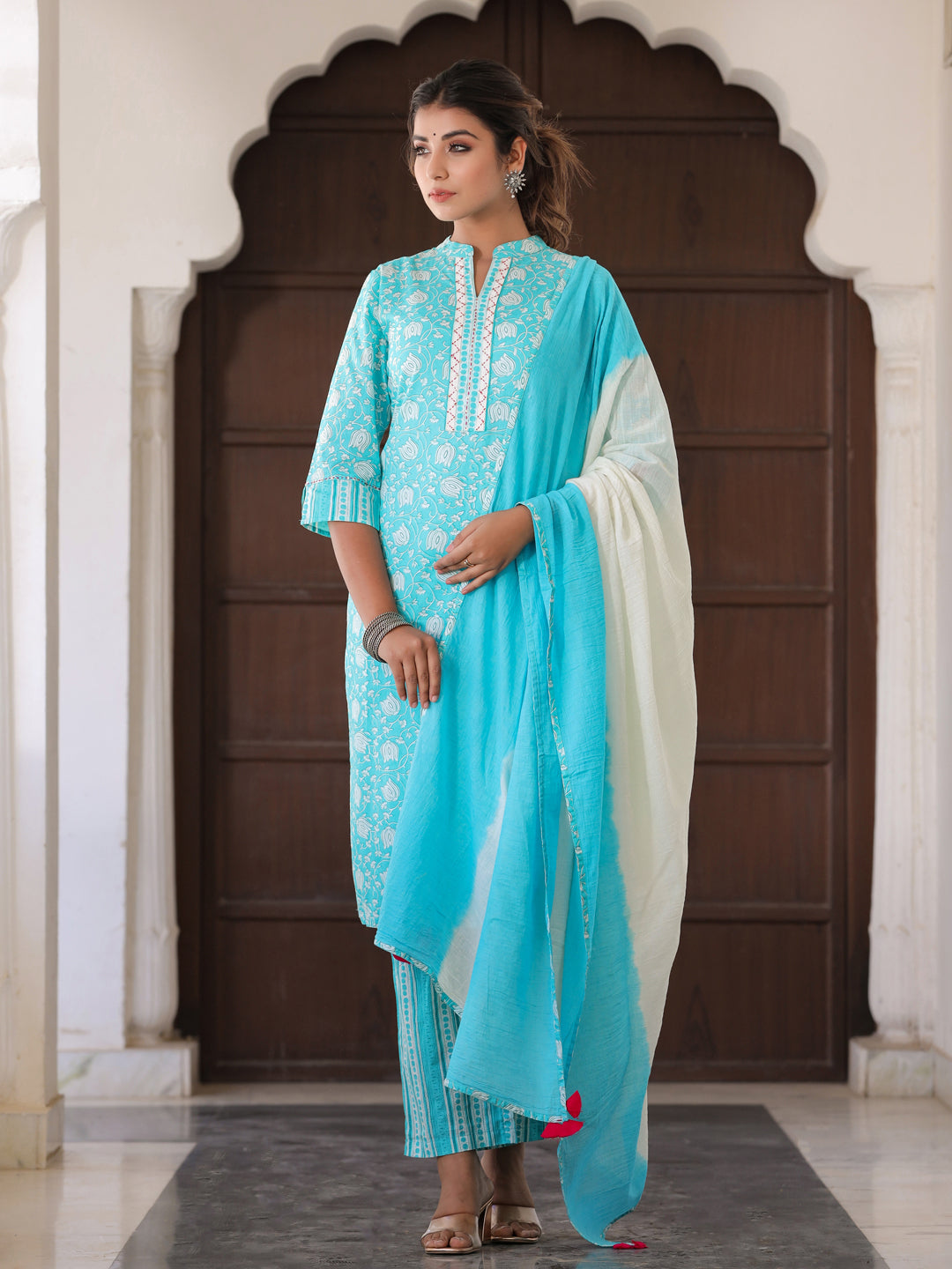 Blue Ethnic Print Straight Cotton Kurta Wiith Palazzo And Dupatta