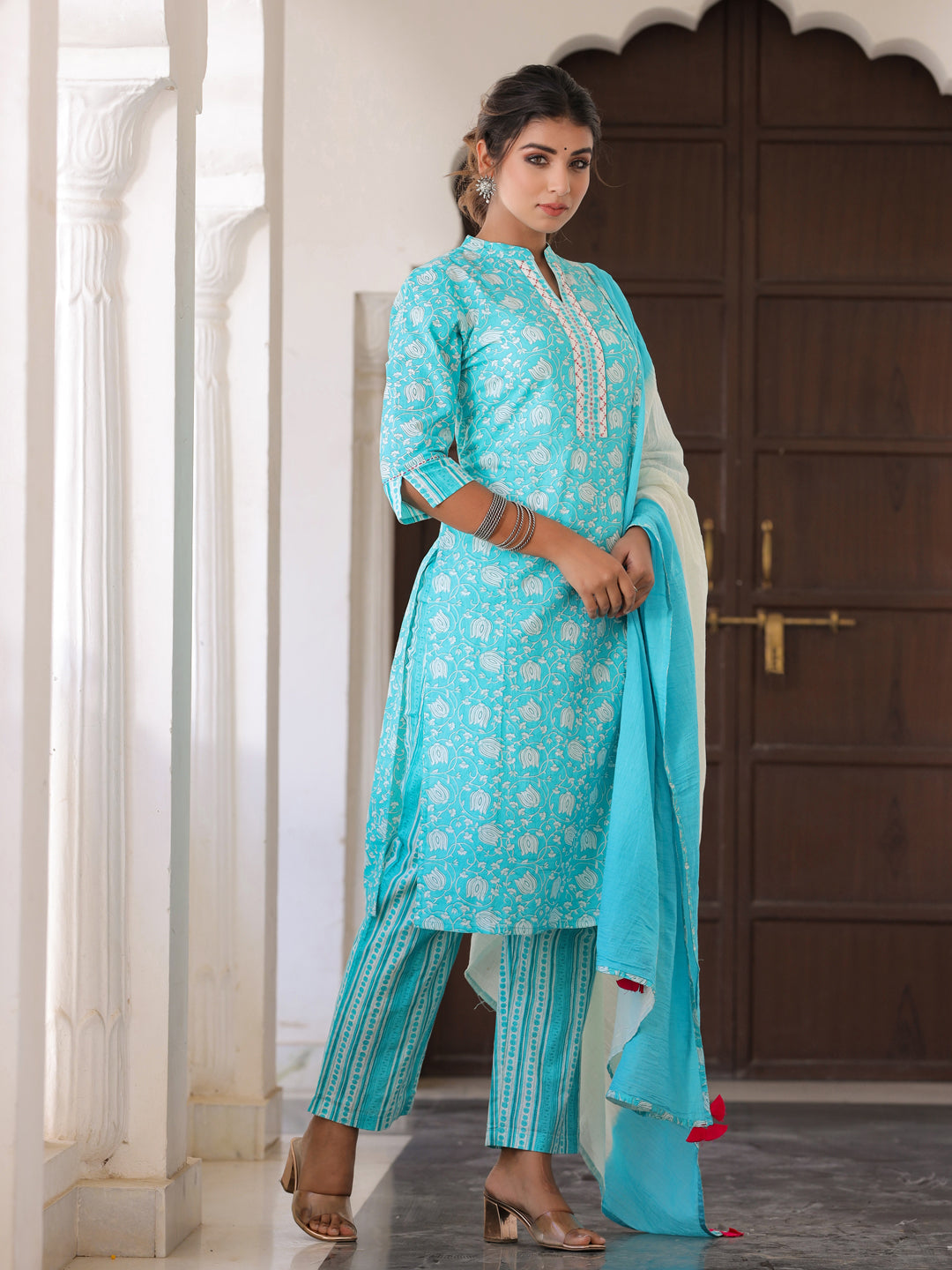 Blue Ethnic Print Straight Cotton Kurta Wiith Palazzo And Dupatta