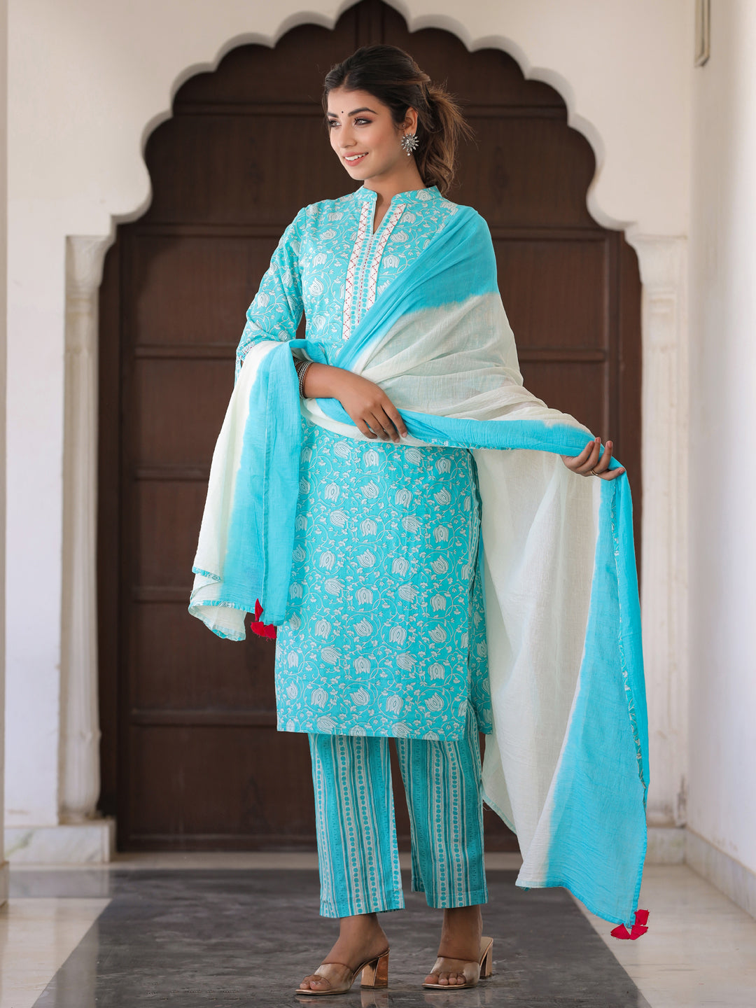 Blue Ethnic Print Straight Cotton Kurta Wiith Palazzo And Dupatta