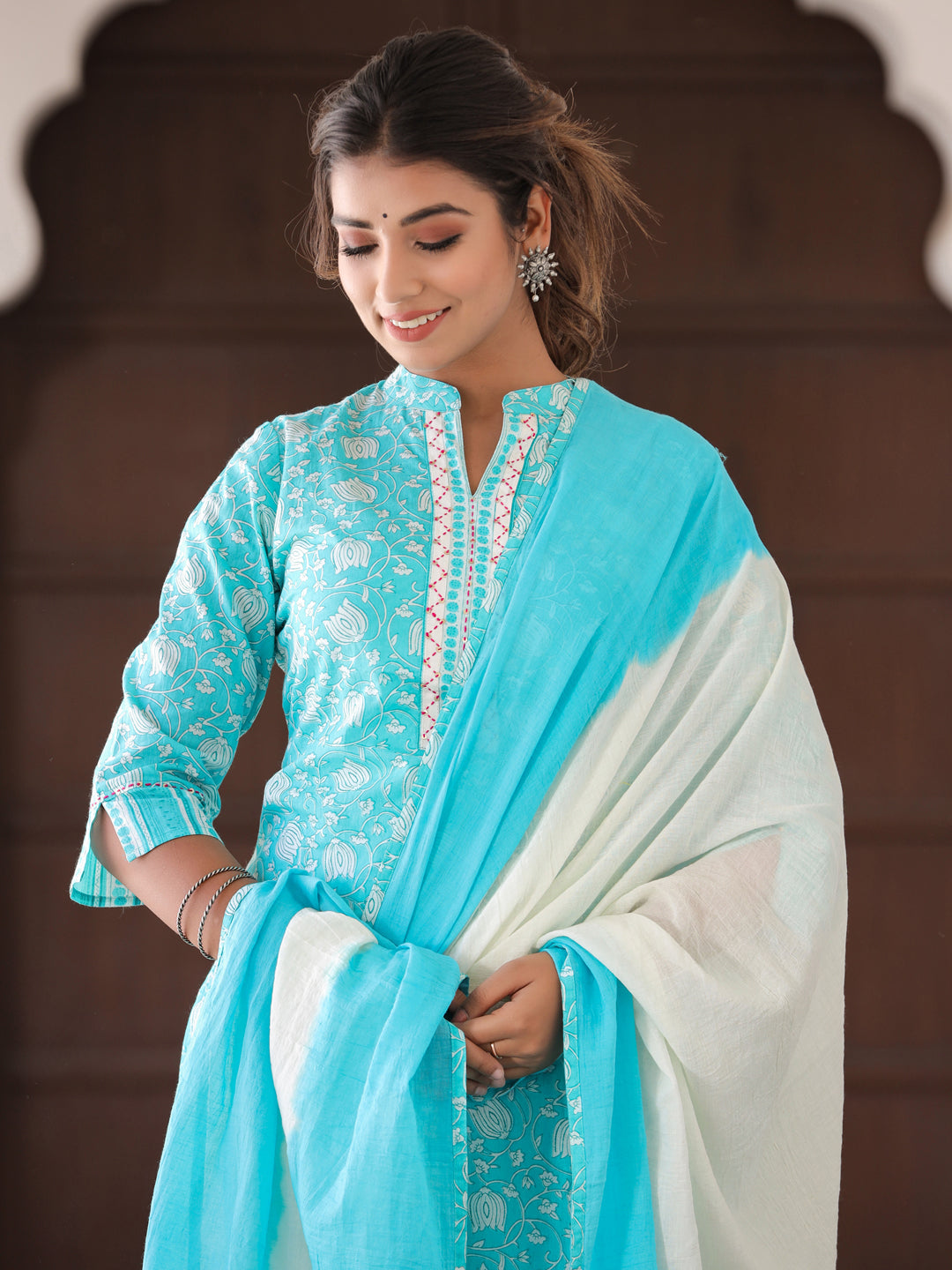 Blue Ethnic Print Straight Cotton Kurta Wiith Palazzo And Dupatta