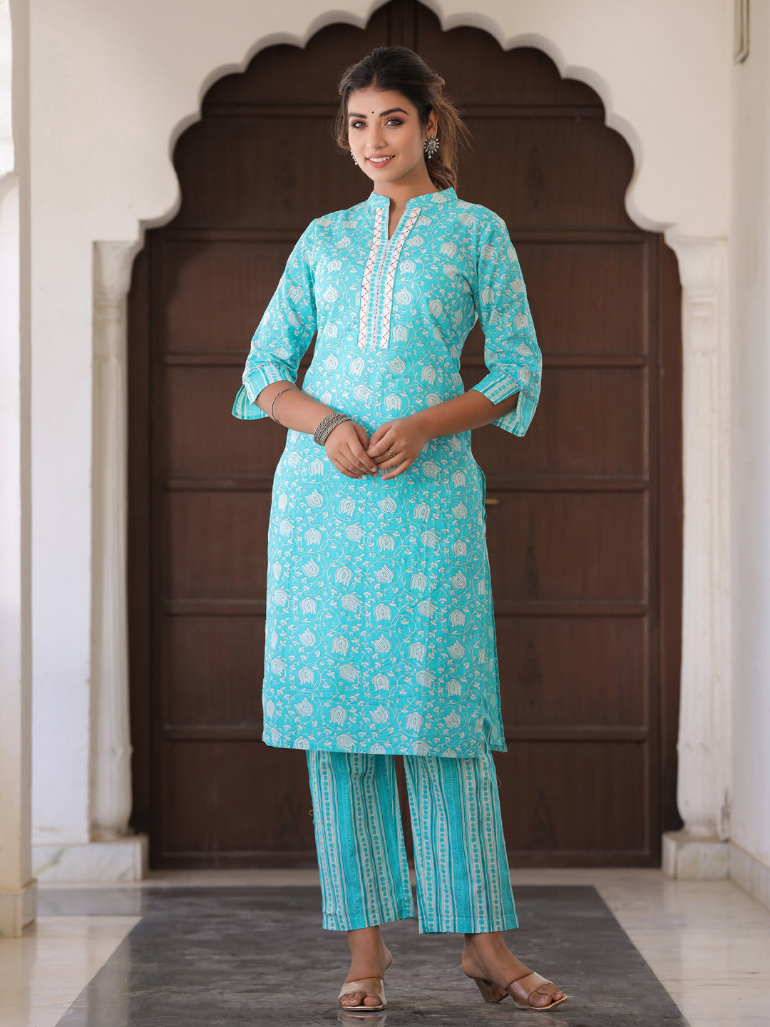 Blue Ethnic Print Straight Cotton Kurta Wiith Palazzo And Dupatta