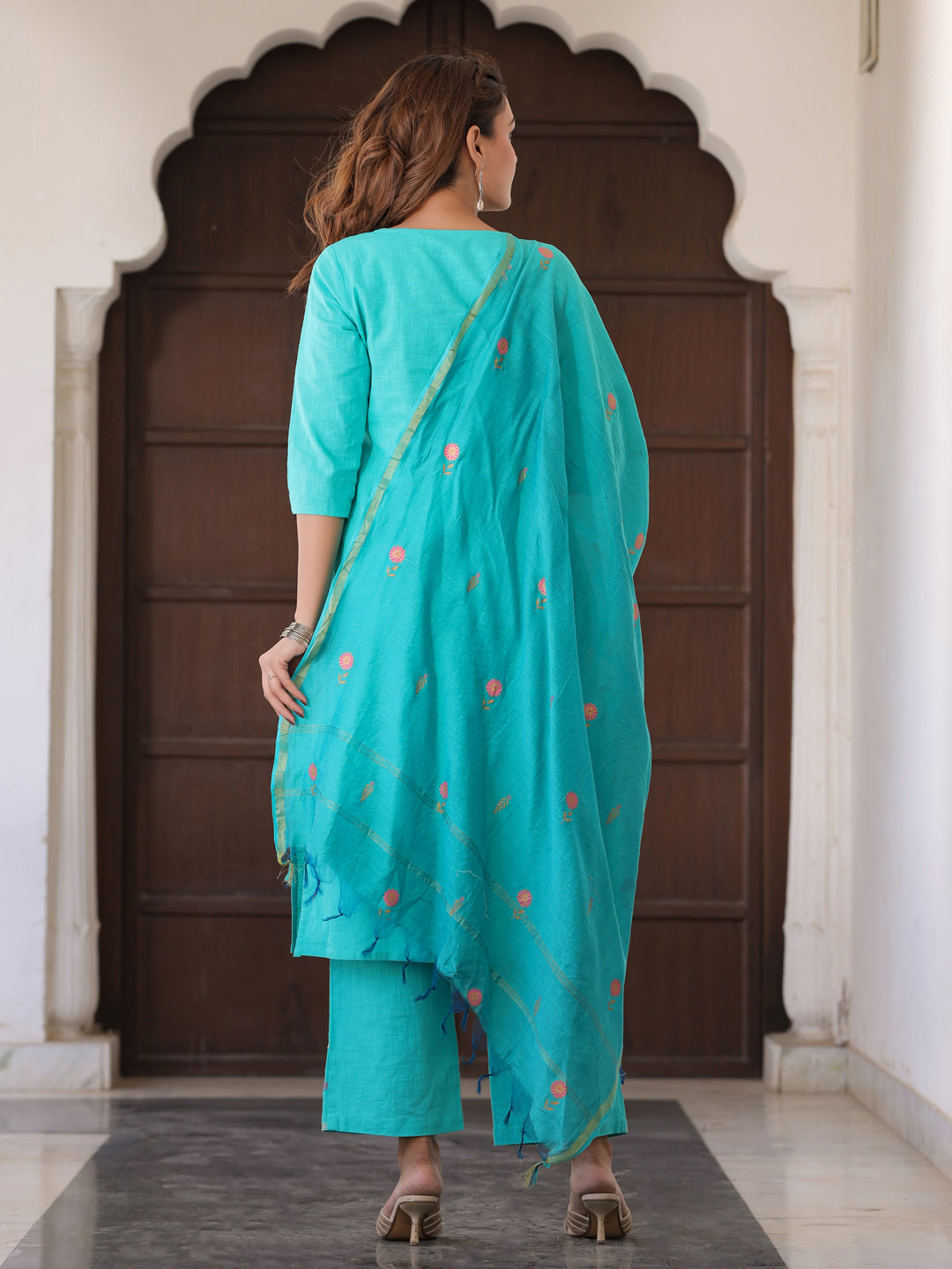 Aqua Embroidered Straight Kurta With Palazzo & Dupatta