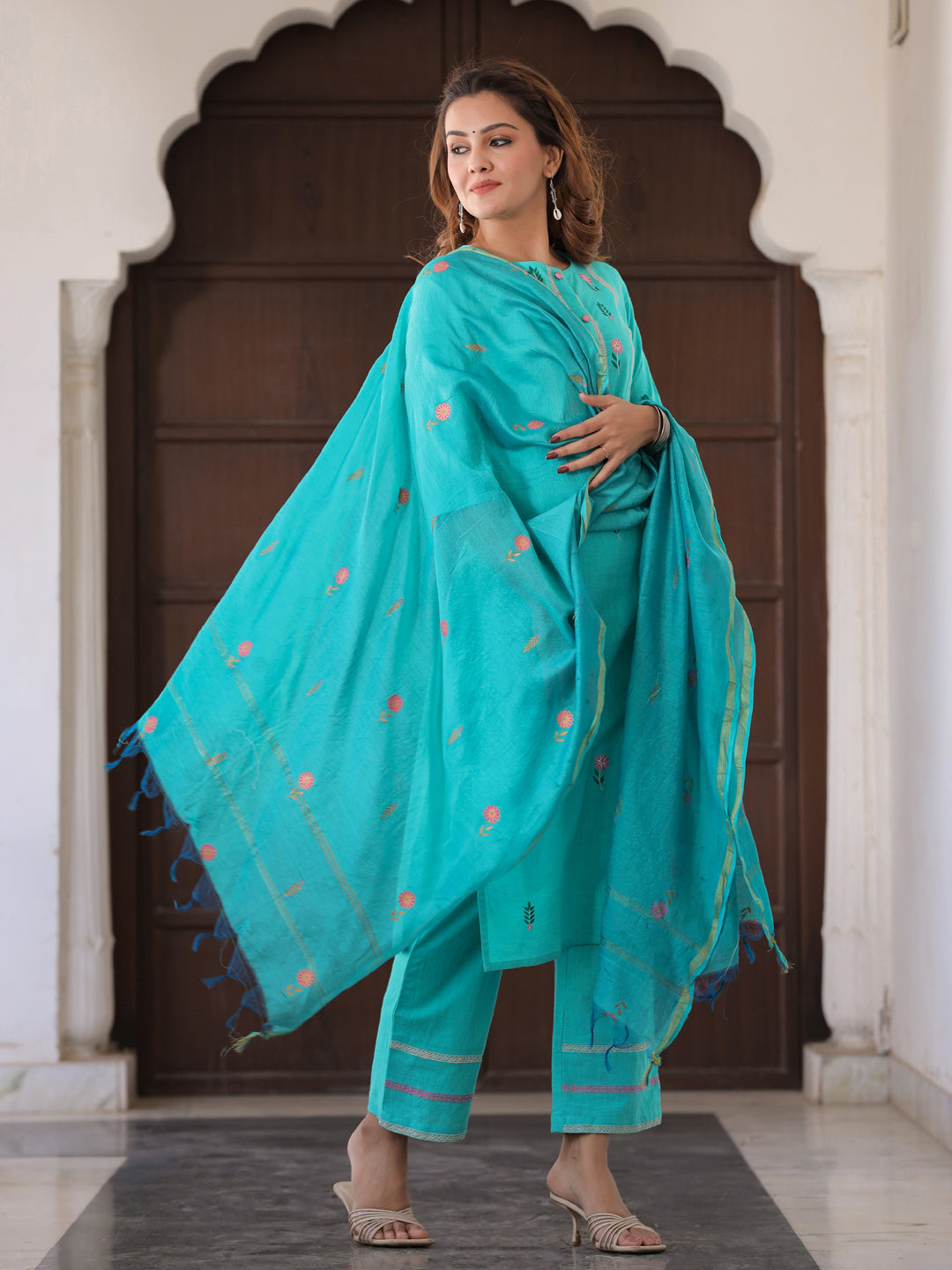 Aqua Embroidered Straight Kurta With Palazzo & Dupatta