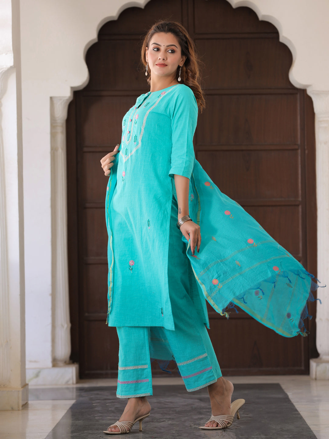 Aqua Embroidered Straight Kurta With Palazzo & Dupatta