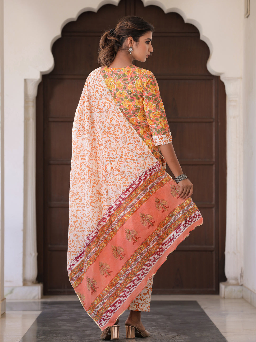 Peach Floral Print Cotton Kurta With Palazzos & Dupatta