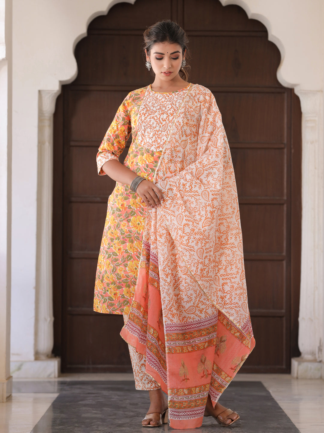 Peach Floral Print Cotton Kurta With Palazzos & Dupatta