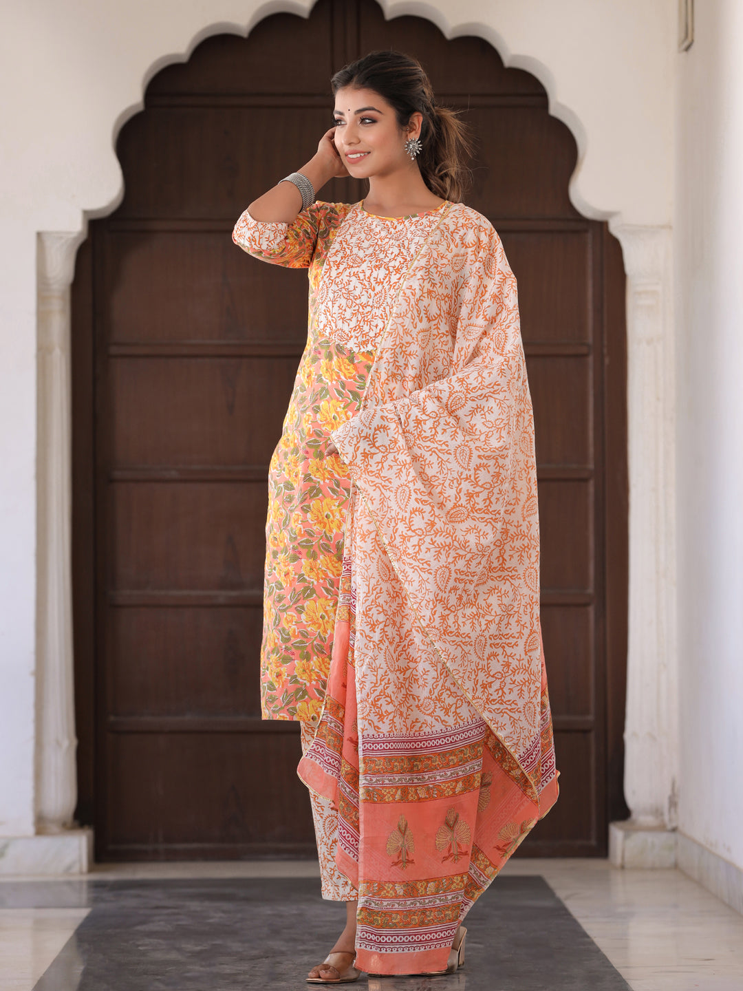 Peach Floral Print Cotton Kurta With Palazzos & Dupatta