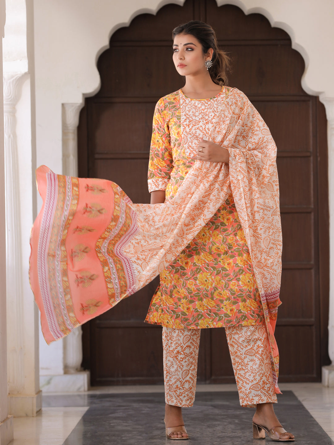Peach Floral Print Cotton Kurta With Palazzos & Dupatta