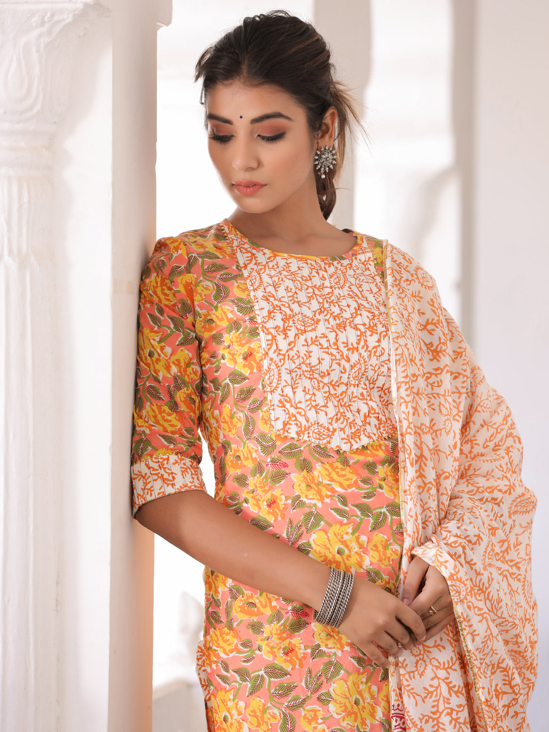 Peach Floral Print Cotton Kurta With Palazzos & Dupatta