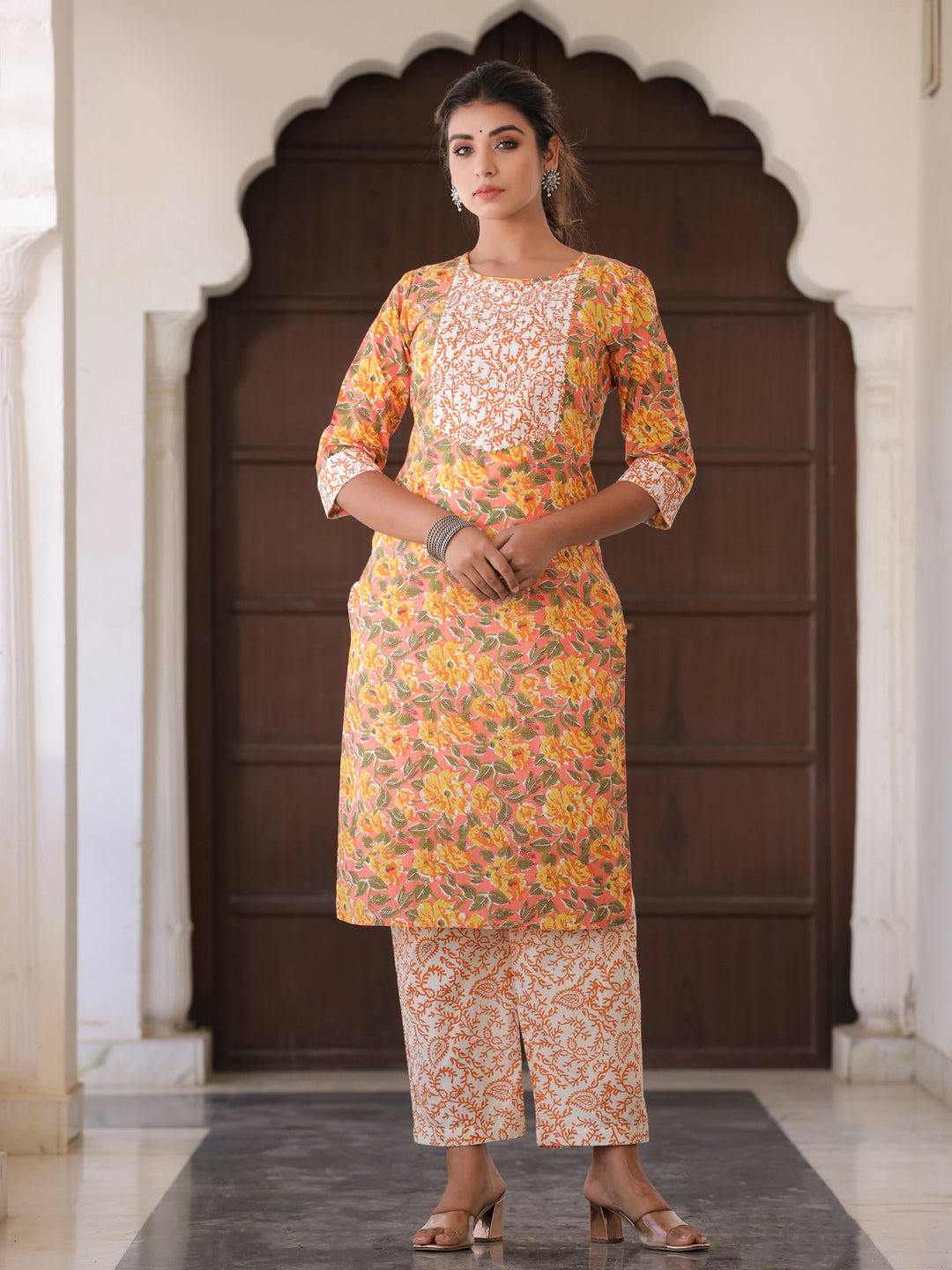 Peach Floral Print Cotton Kurta With Palazzos & Dupatta