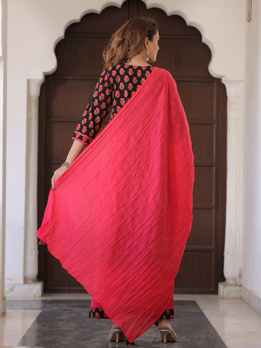 Black Printed Thread Work Straight Kurta With Palazzo & Dupatta Set