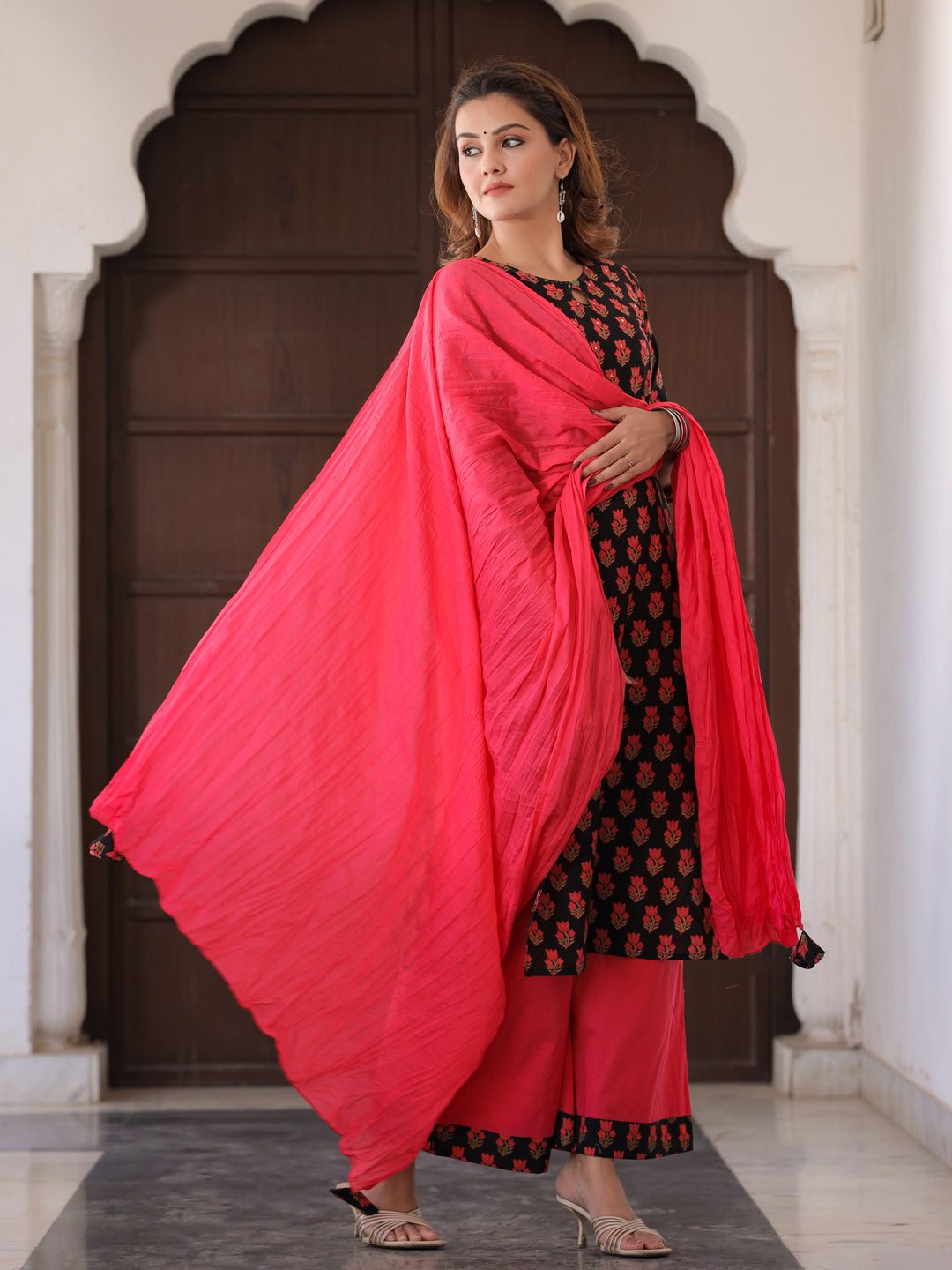 Black Printed Thread Work Straight Kurta With Palazzo & Dupatta Set