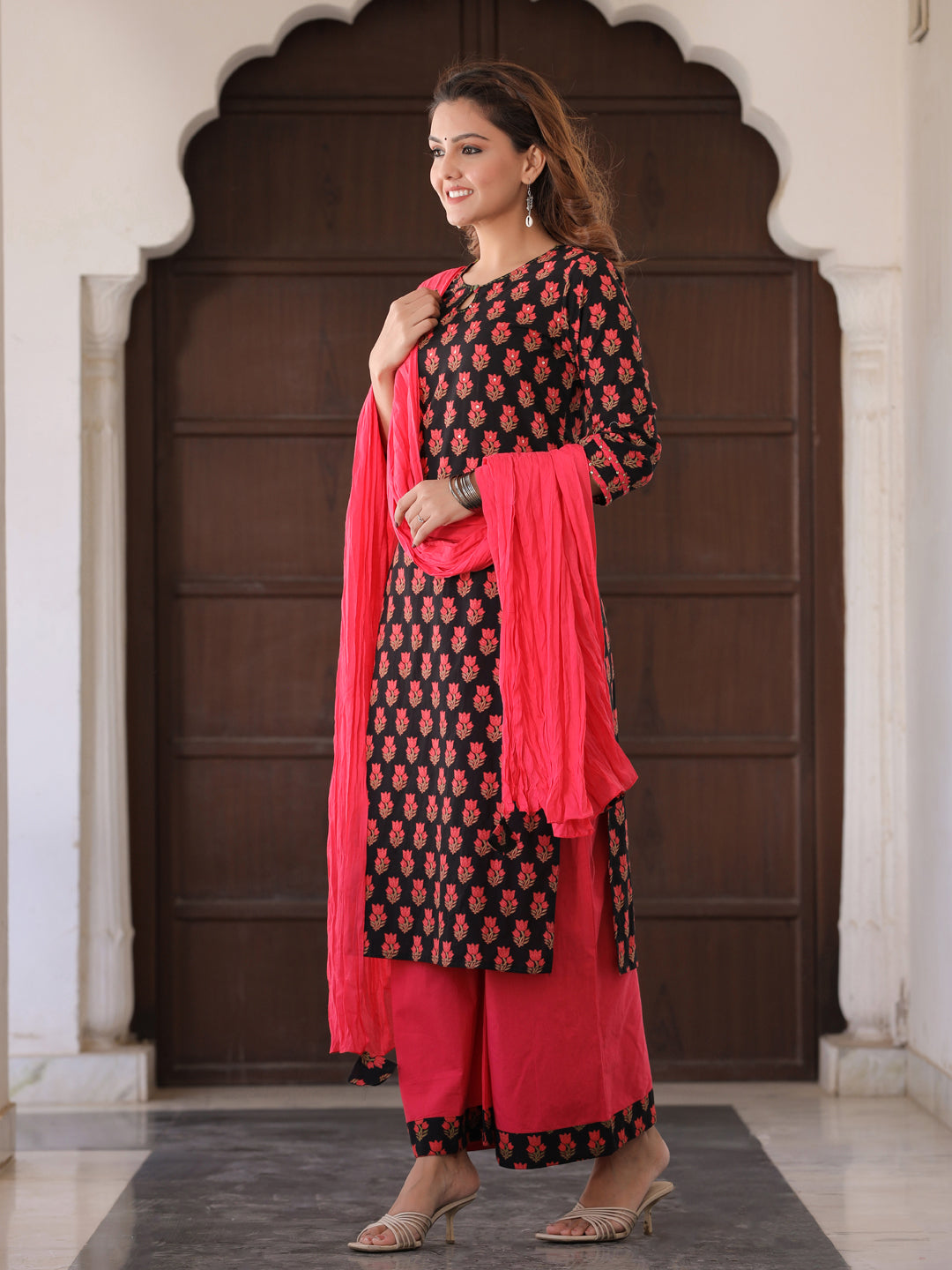 Black Printed Thread Work Straight Kurta With Palazzo & Dupatta Set