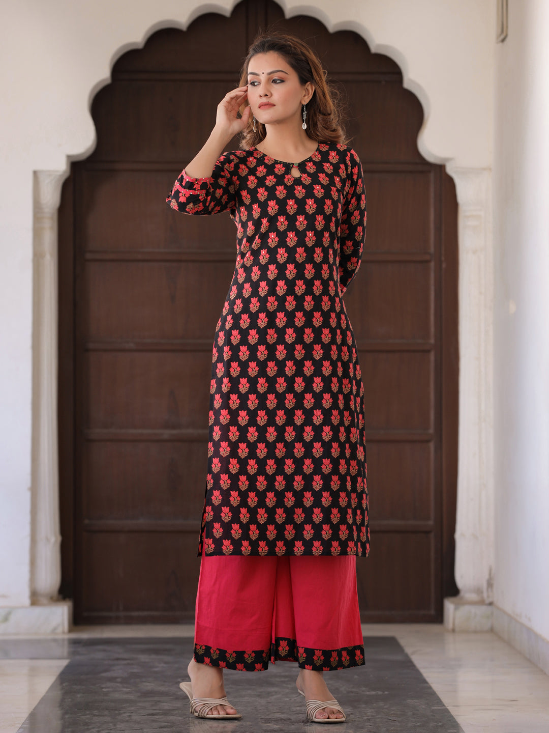 Black Printed Thread Work Straight Kurta With Palazzo & Dupatta Set