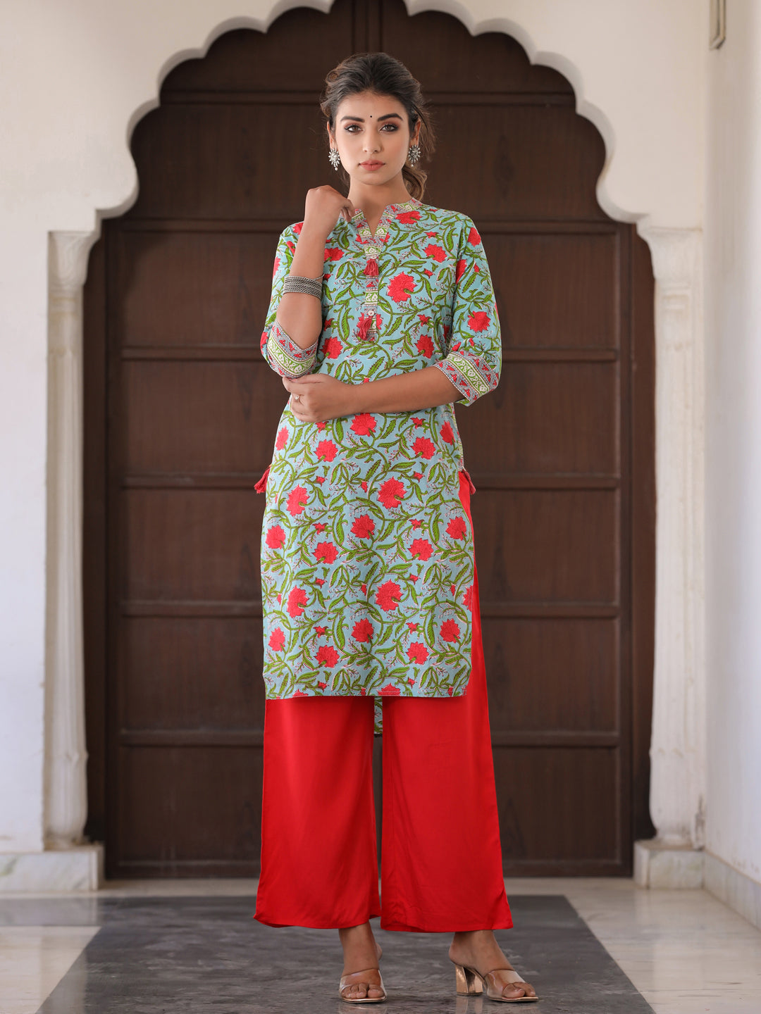 Sea Green Floral Motif Straight Cotton Kurta With Palazzo
