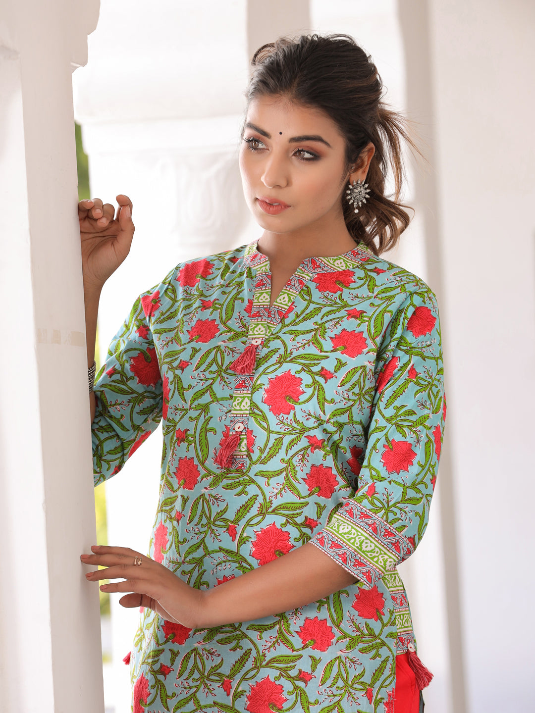 Sea Green Floral Motif Straight Cotton Kurta With Palazzo