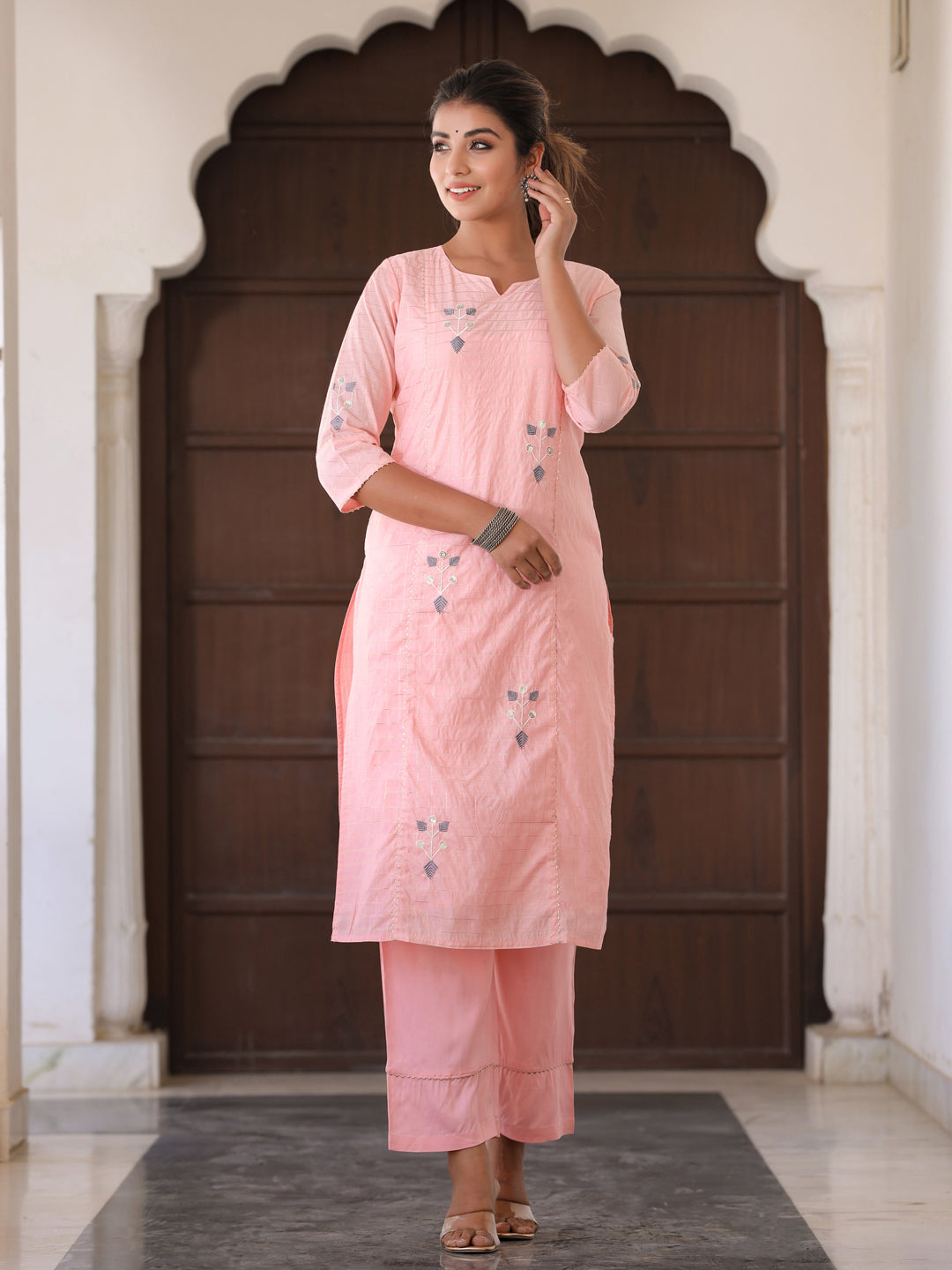Pink Self Checks Kurta With Palazzo Set