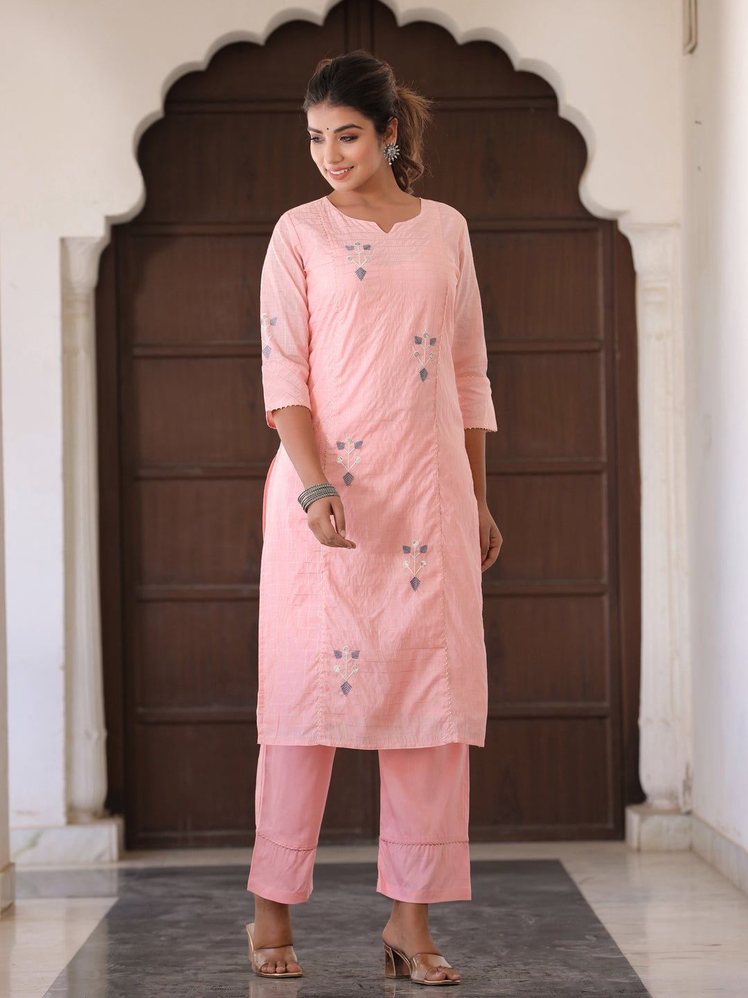Pink Self Checks Kurta With Palazzo Set