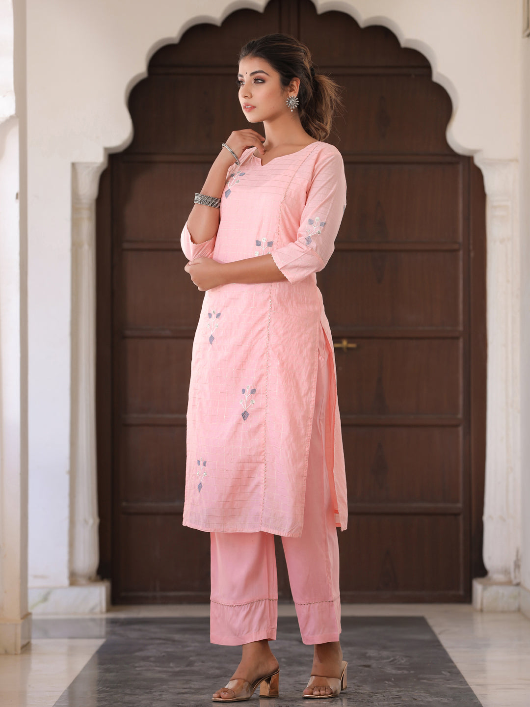 Pink Self Checks Kurta With Palazzo Set