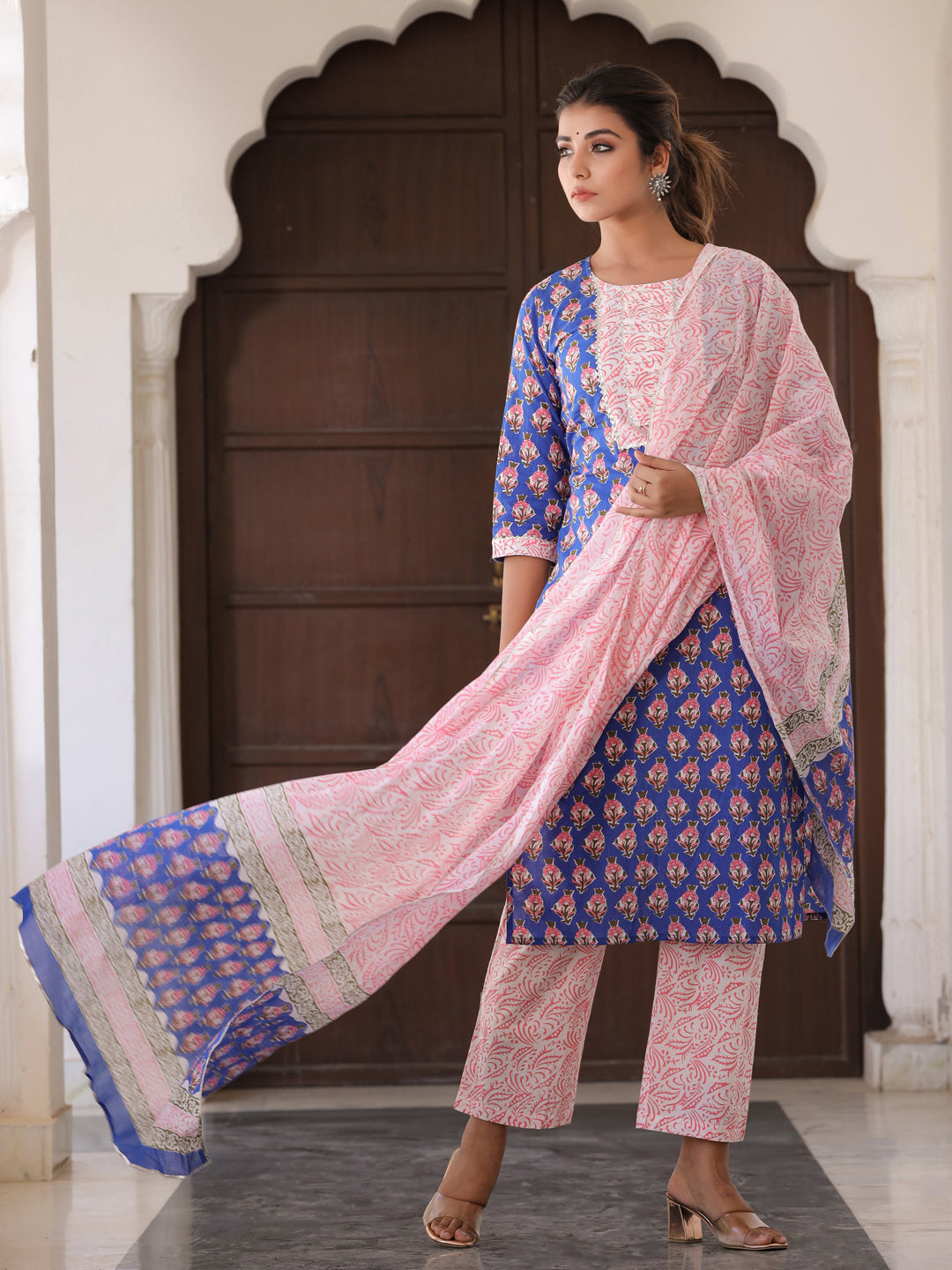 Blue Ethnic Motifs Print Cotton Kurta With Palazzos & Dupatta