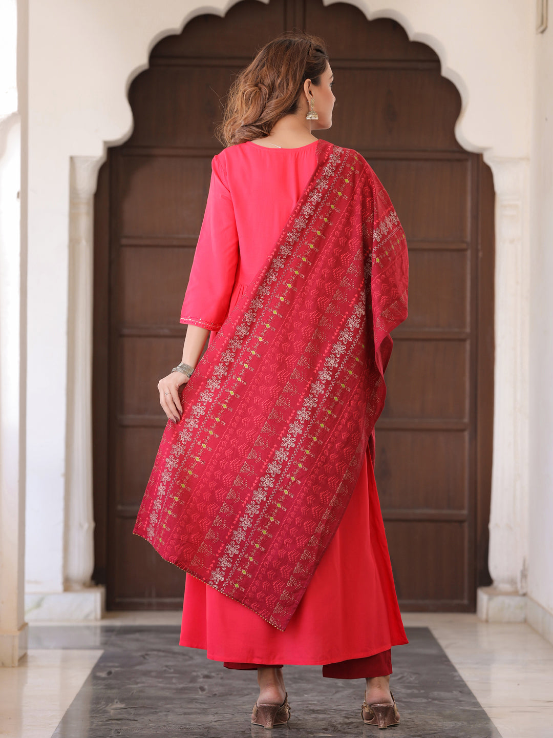 Coral Solid Thread Work Kurta With Palazzos & Dupatta