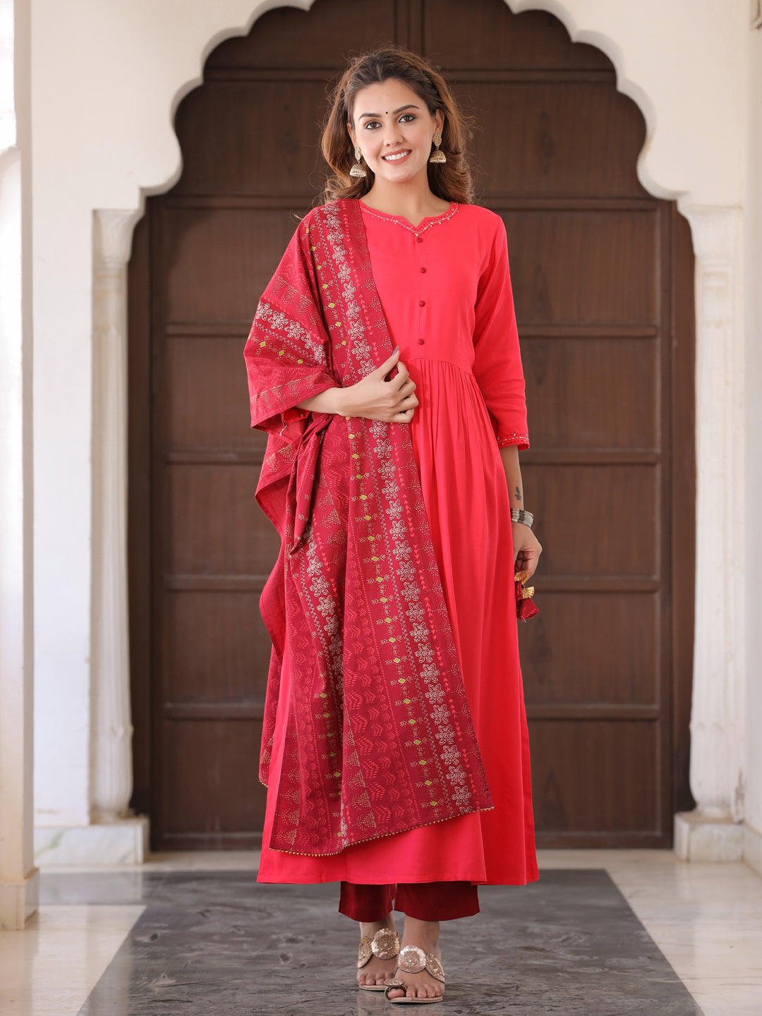 Coral Solid Thread Work Kurta With Palazzos & Dupatta