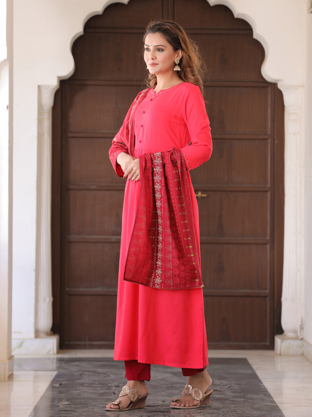 Coral Solid Thread Work Kurta With Palazzos & Dupatta
