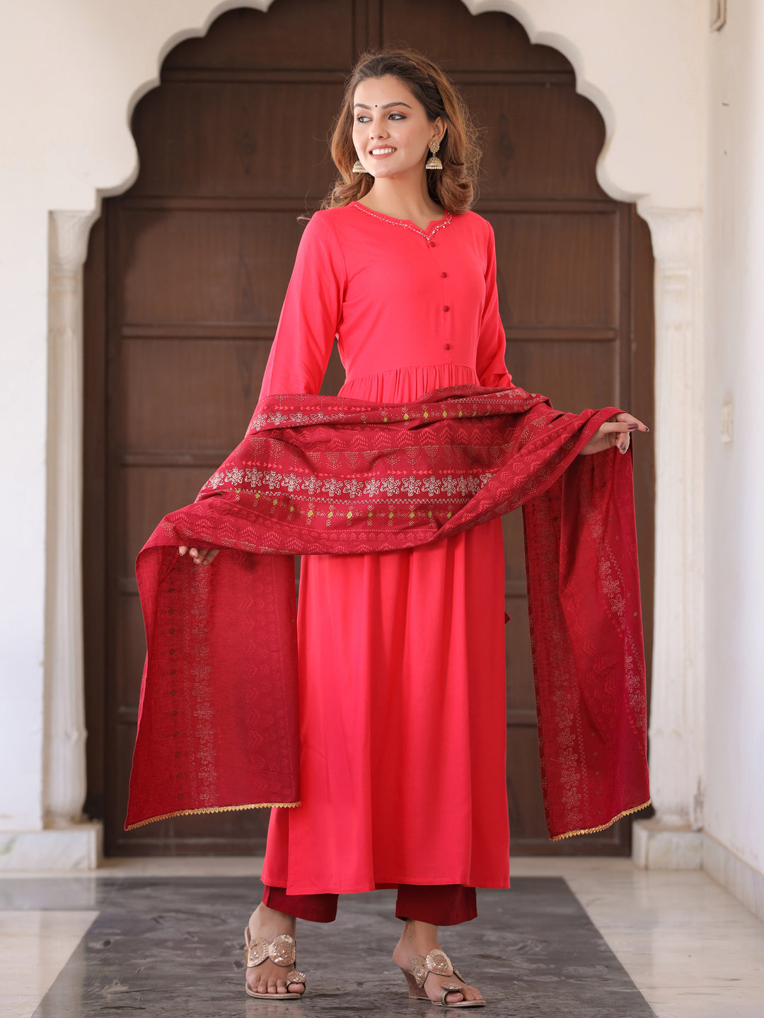 Coral Solid Thread Work Kurta With Palazzos & Dupatta