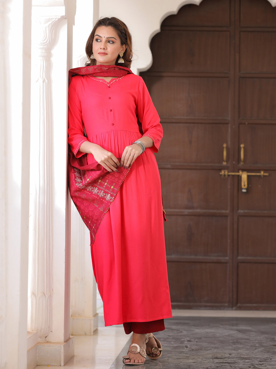 Coral Solid Thread Work Kurta With Palazzos & Dupatta