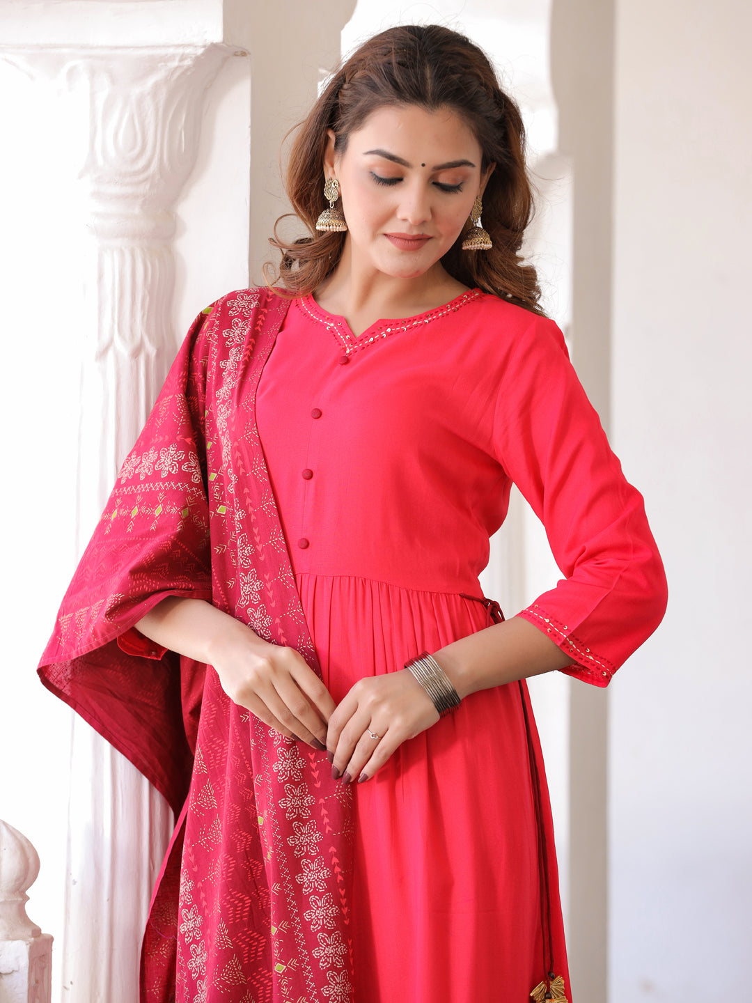 Coral Solid Thread Work Kurta With Palazzos & Dupatta