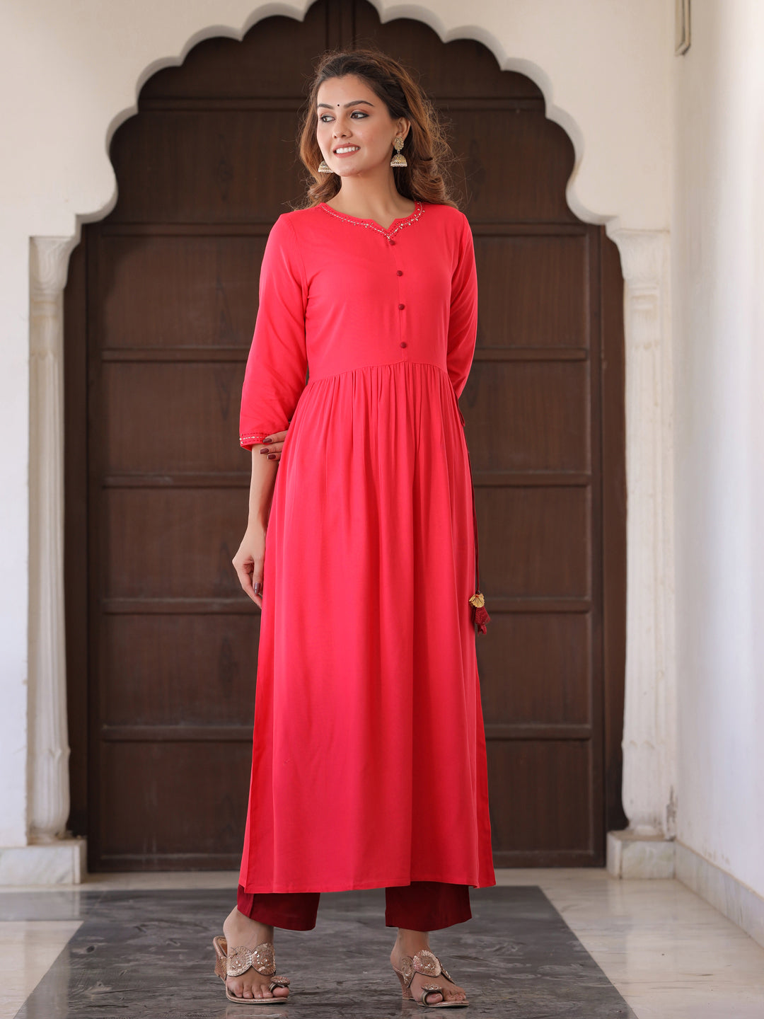 Coral Solid Thread Work Kurta With Palazzos & Dupatta