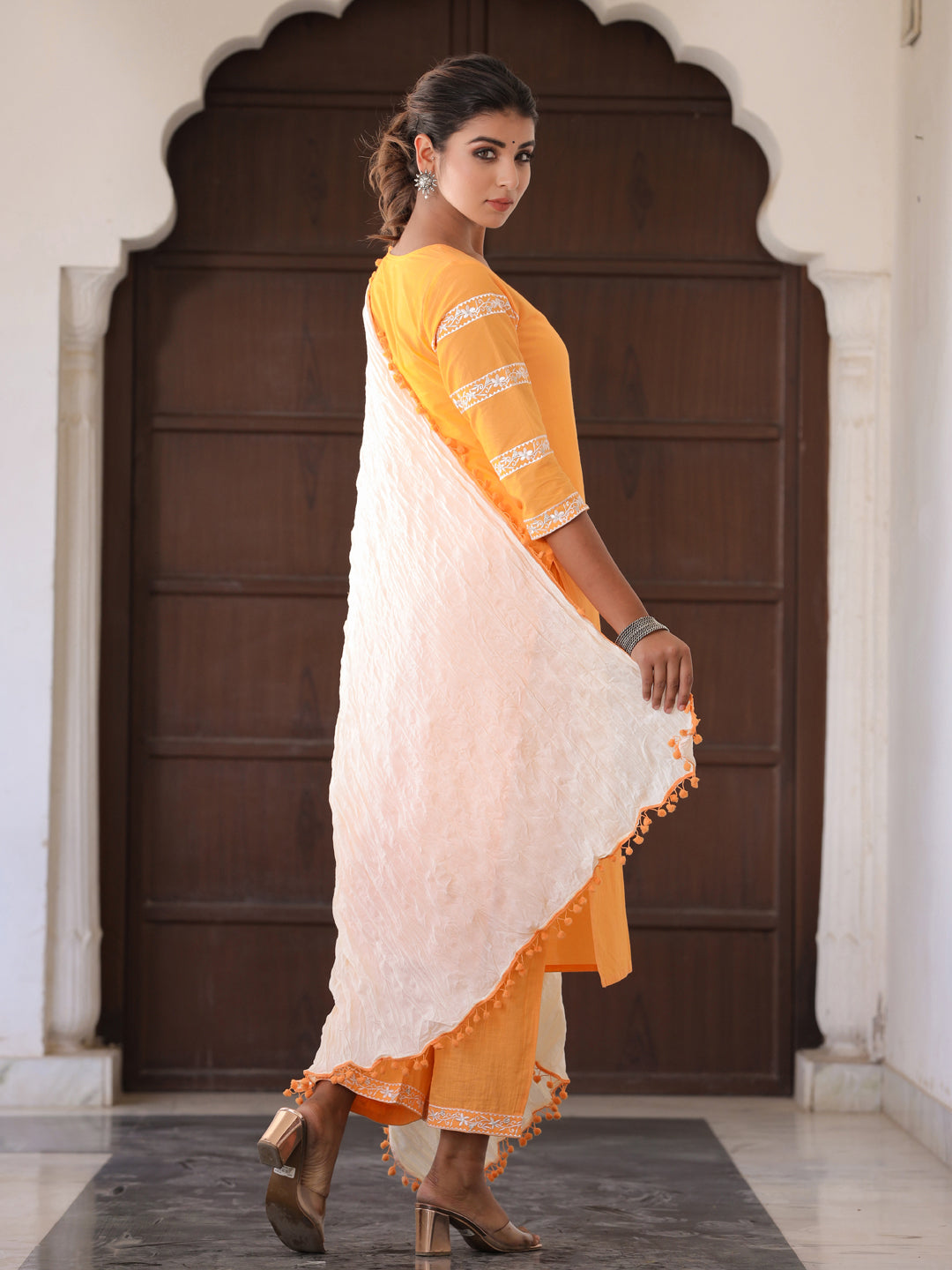 Yellow Embroidered Straight Kurta With Palazzo & Dupatta