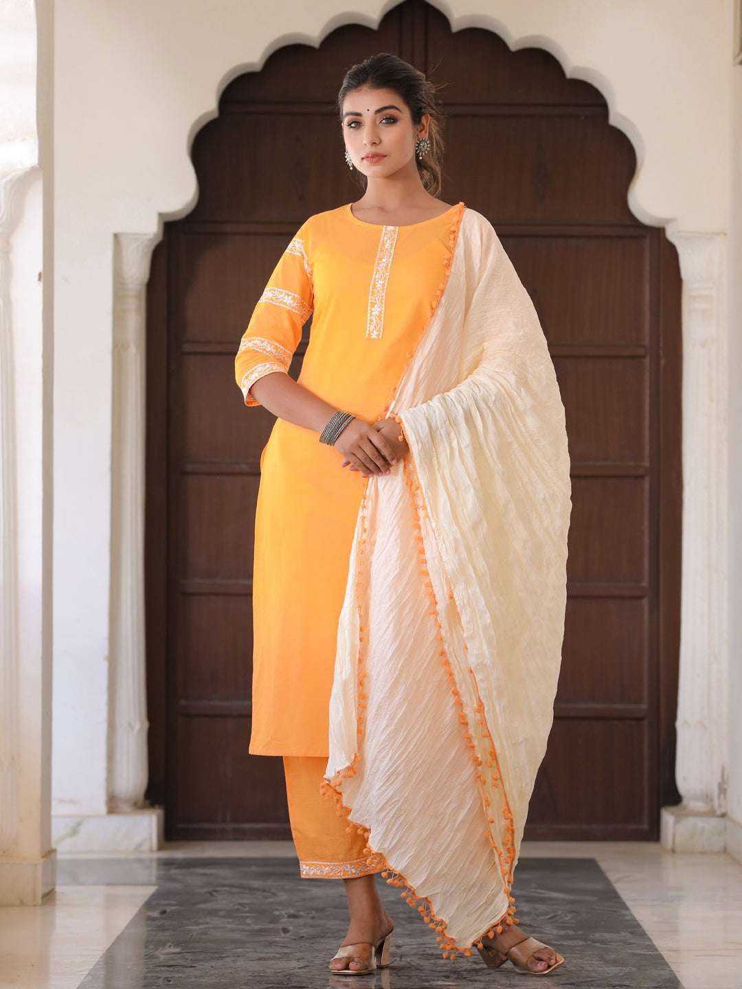 Yellow Embroidered Straight Kurta With Palazzo & Dupatta