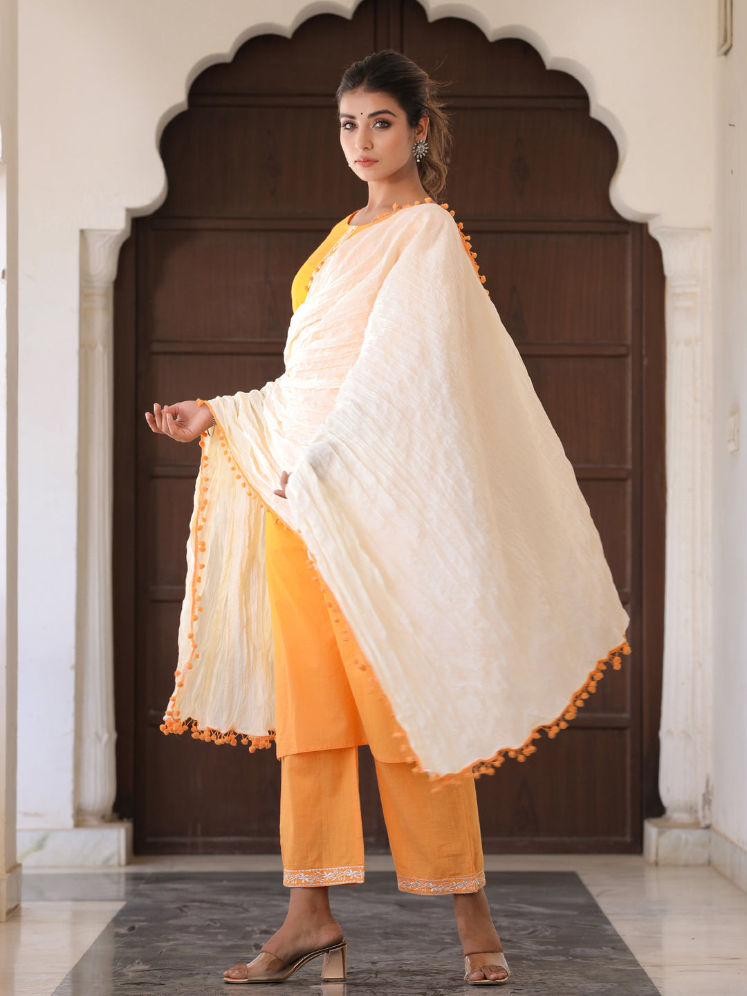 Yellow Embroidered Straight Kurta With Palazzo & Dupatta