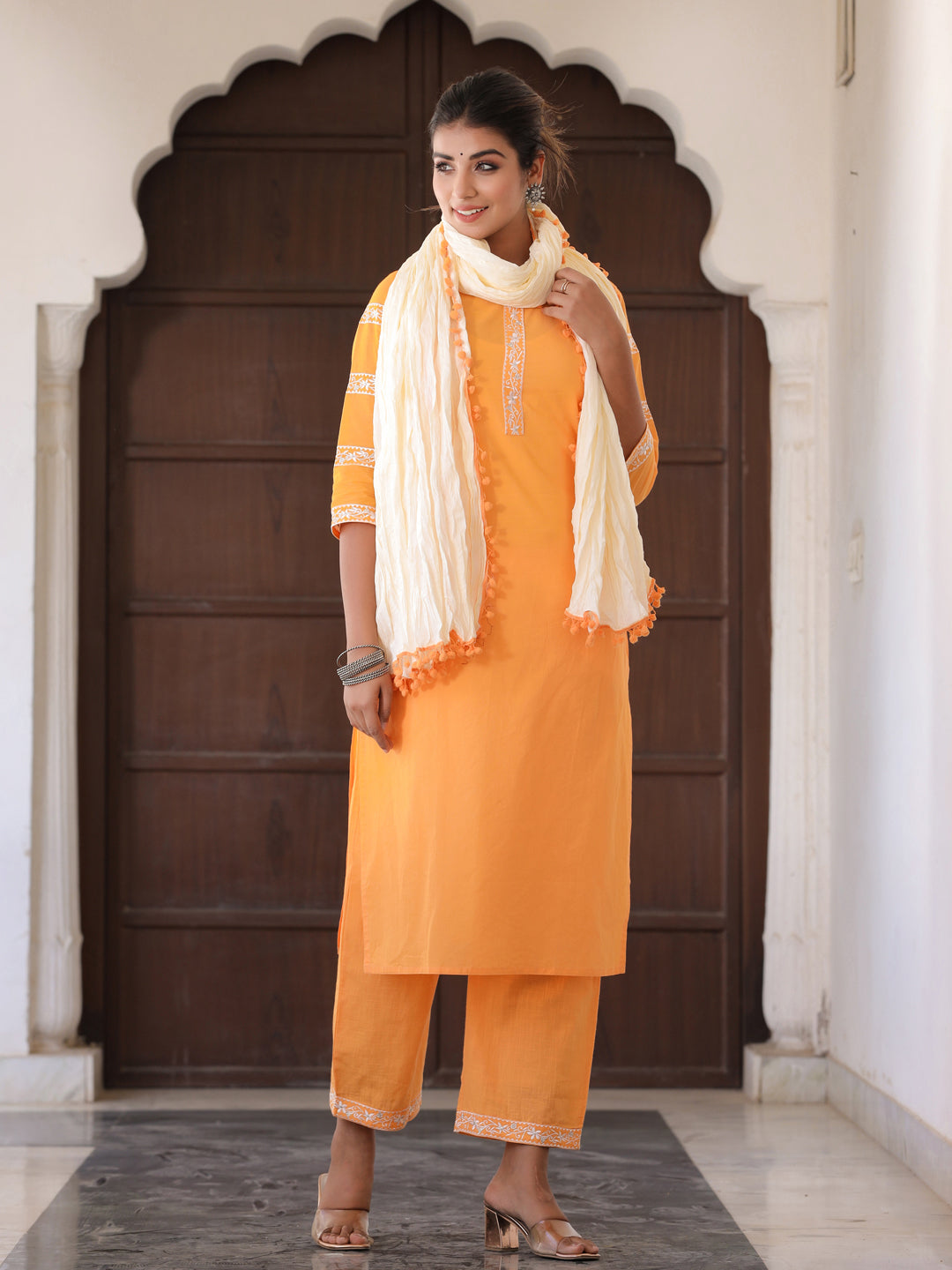 Yellow Embroidered Straight Kurta With Palazzo & Dupatta