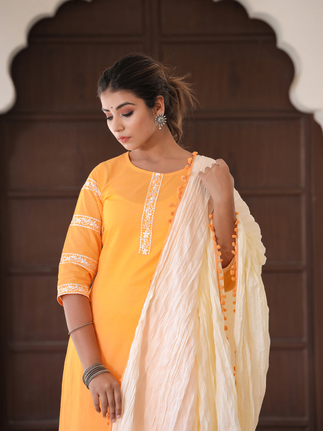 Yellow Embroidered Straight Kurta With Palazzo & Dupatta