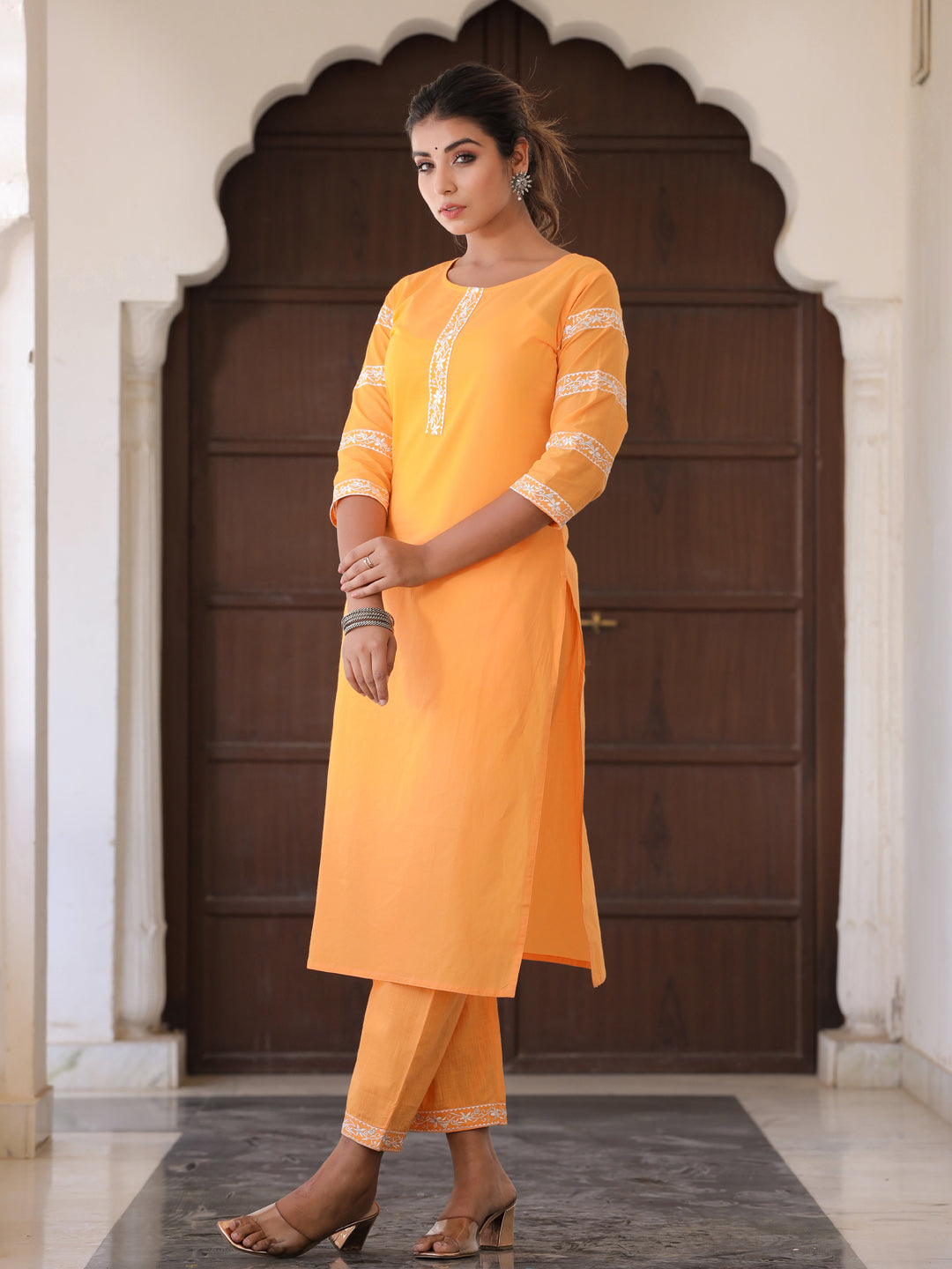 Yellow Embroidered Straight Kurta With Palazzo & Dupatta